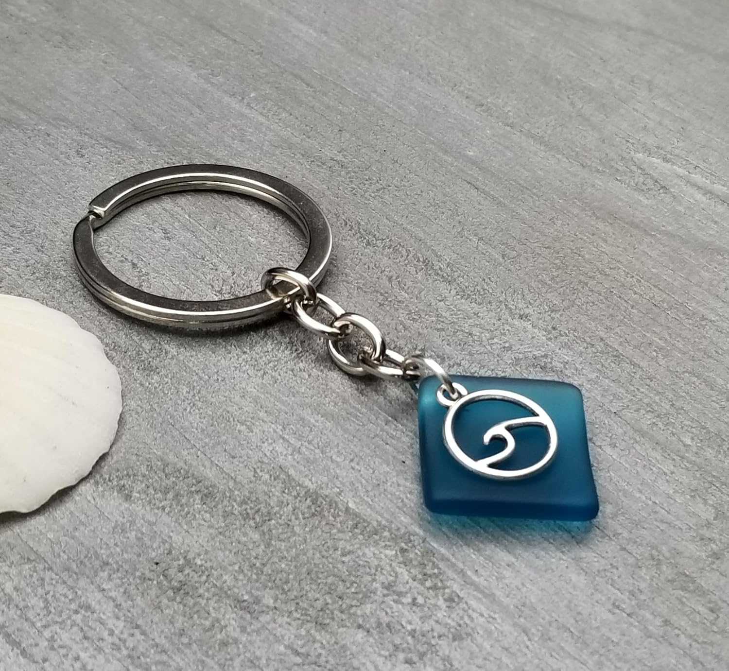 Sea Glass Jewelry, Hawaii Teal Sea Glass Keychain Gift, Unisex Gfit for Men or Women, Unique Gift with Wave Charm from Hawaii and the Ocean