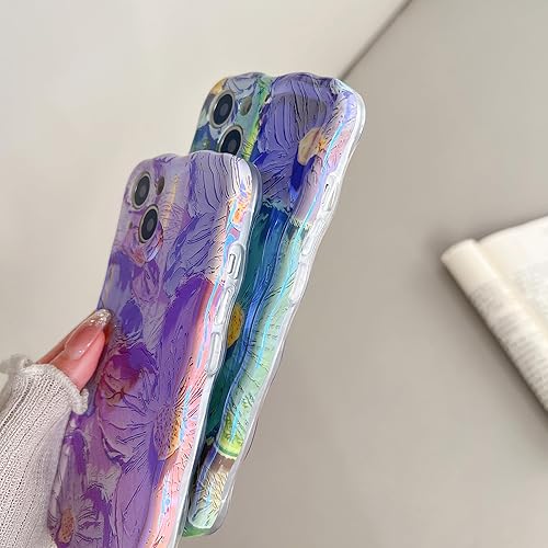 Miniatura 5 de QLTYPRI Compatible con iPhone 12 Pro, funda Blu-Ray con pintura al óleo floral de flores retro para niñas y mujeres, lindo marco de onda rizada,