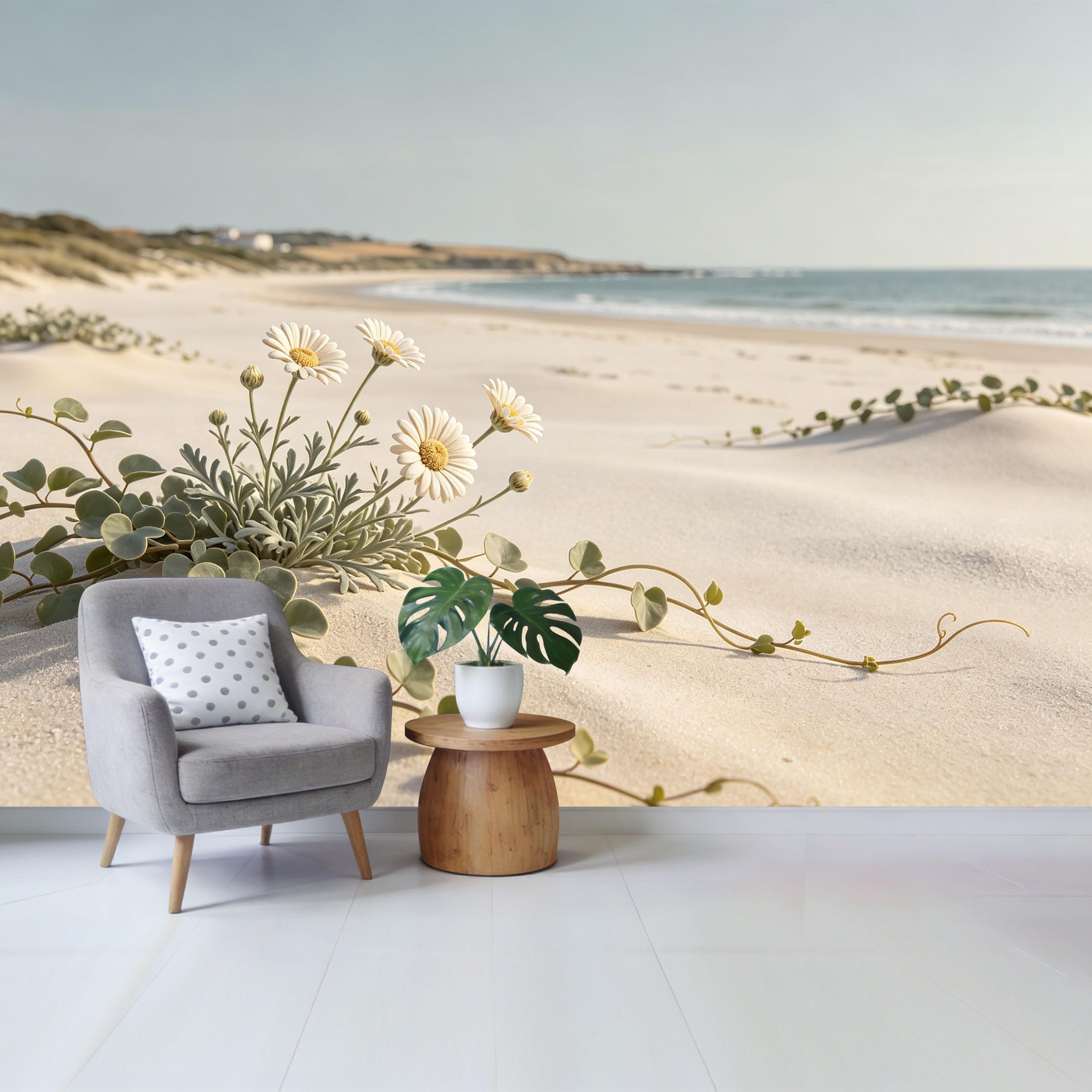 Qzlithotic Yq2605250565 Custom Size Wall Mural Coastal White Daisy Flower Beach Sand Dune Nature View Selfadhesive Wall Fabric Removable Wallpaper For Home Office Decor