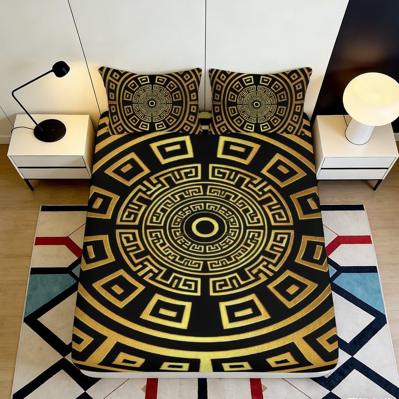 Uxinyoume Style-9 3D Printed Geometric Gold Black Mandala Fitted Sheet Microfiber Non-Slip Bed Cover For Bedroom Dorm Mattress Decor 90X200x25cm