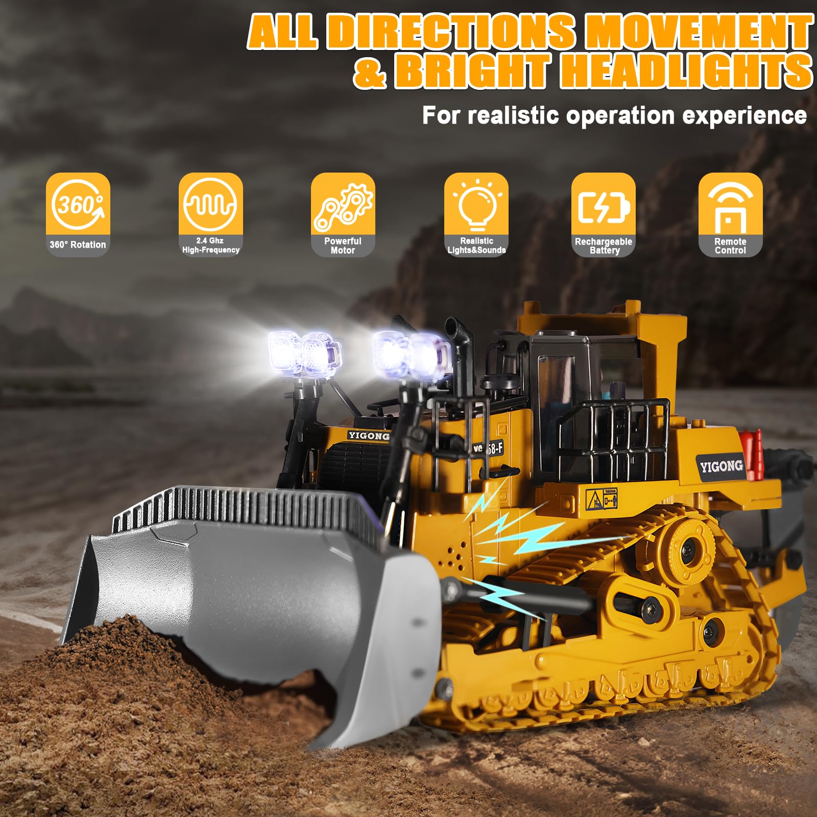 KIZJORYA Bulldozer Telecomandato, Giocattolo da Costruzione RC a 9 Canali con Luci, Suono e Batteria Ricaricabile, Regalo Giocattolo Bulldozer per Bambini di Età Compresa Tra 6 e 12 Anni (2.4 GHz)