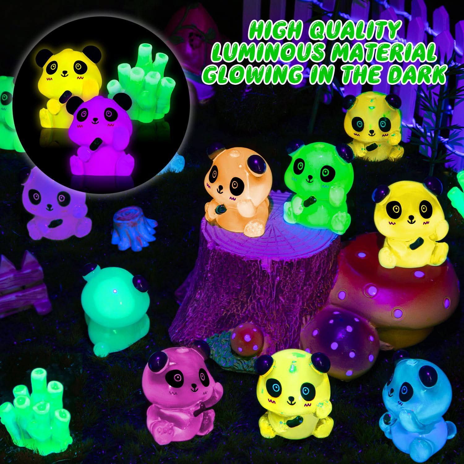 SYWHXY 40PCS Luminous Mini Resin Panda Cute Panda Figurines Miniature, Glow in The Dark Mini Panda Bamboo Bulk for Cake Topper Micro Landscape Dollhouse Garden DIY (Panda-7Colors)