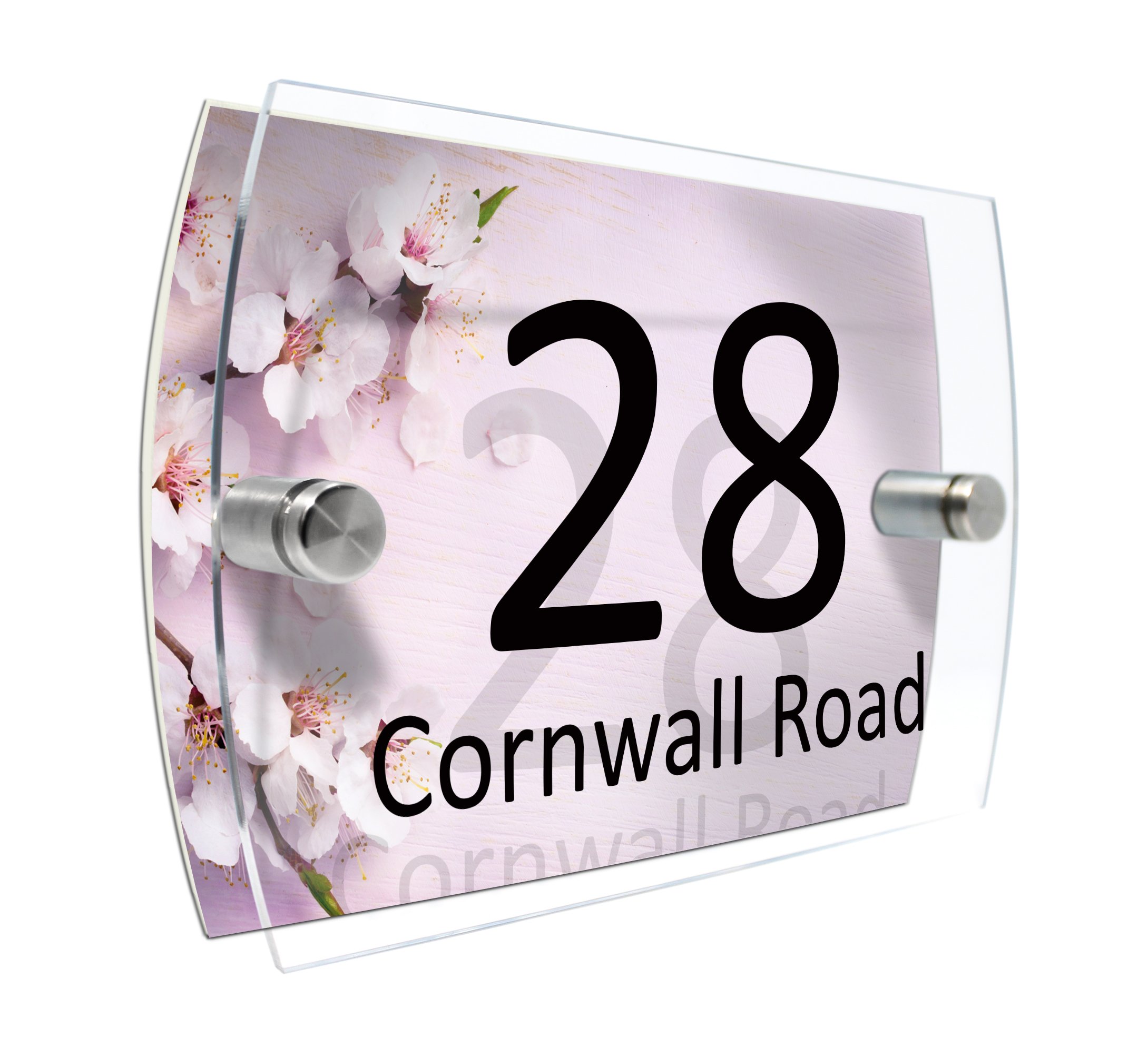 Personalised House Number Sign Printed Plaque Garden Glass Effect Acrylic Sign Door Plate Marble Wall Display 2 Part Branded Acrylic (Fresh flowers on blue background.)