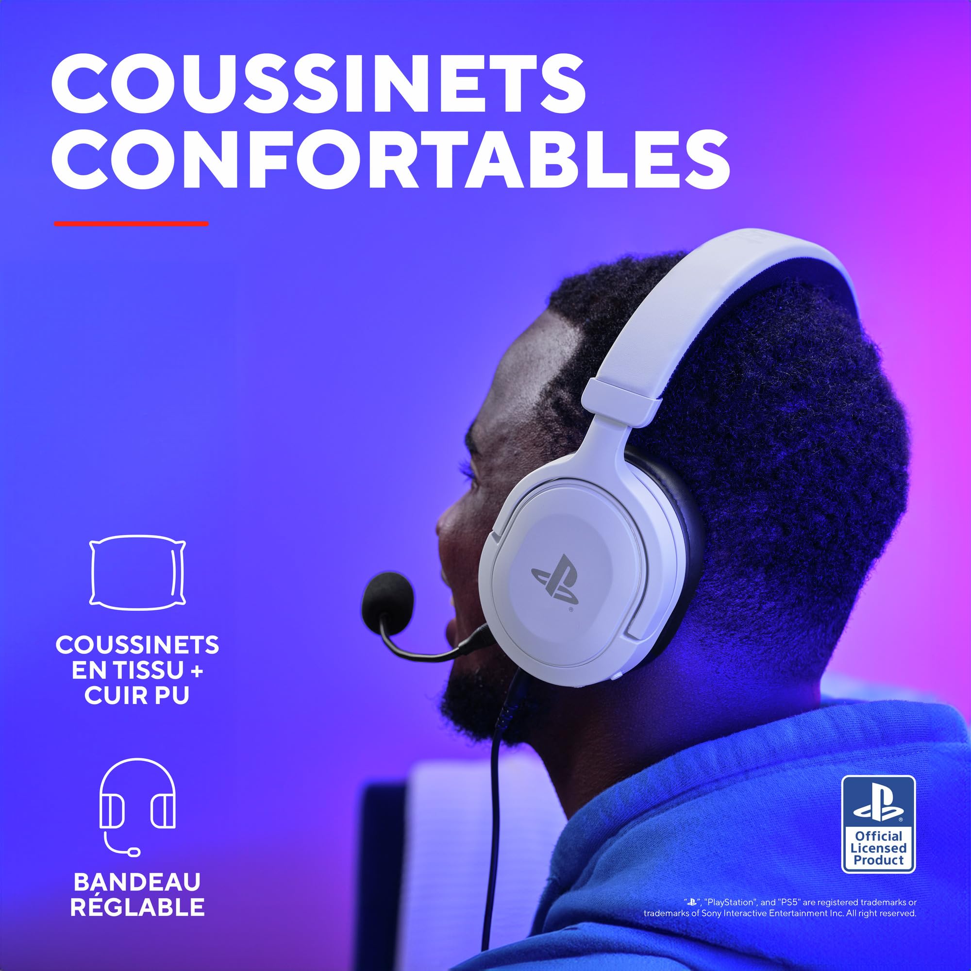 Trust Gaming GXT 498W Forta Casque PS5 Durable, Licence Officielle pour PlayStation 5, Casque Gamer PS4, Arceau Réglable, Câble de 1,2 m, Casque Gaming Over Ear avec Microphone Détachable, Blanc