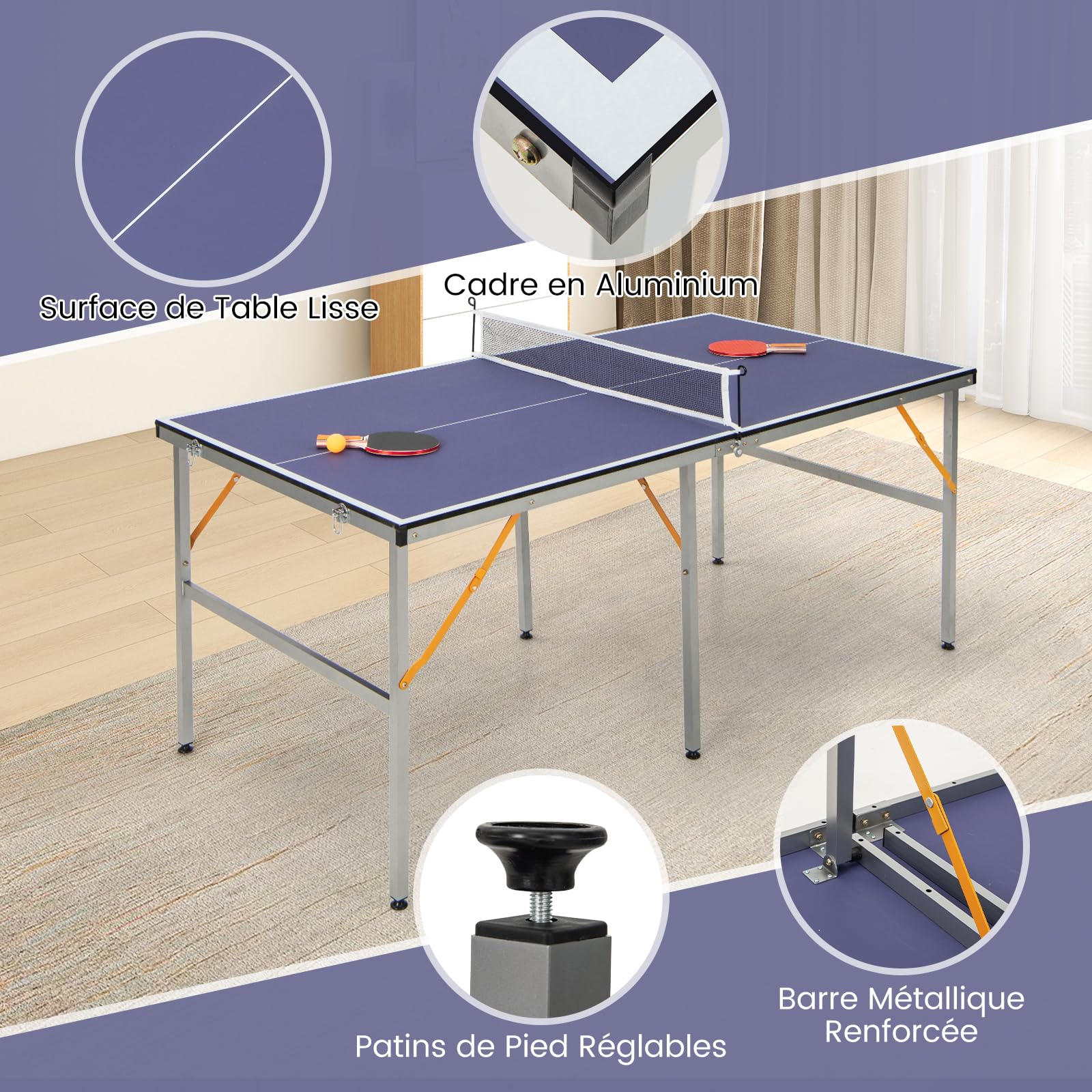 GYMAX Tavolo da ping-pong pieghevole, 152,4 x 76,2 x 76,2 cm, mini tavolo da tennis con 2 palline e 2 racchette, tavolo portatile per tennis per interni ed esterni