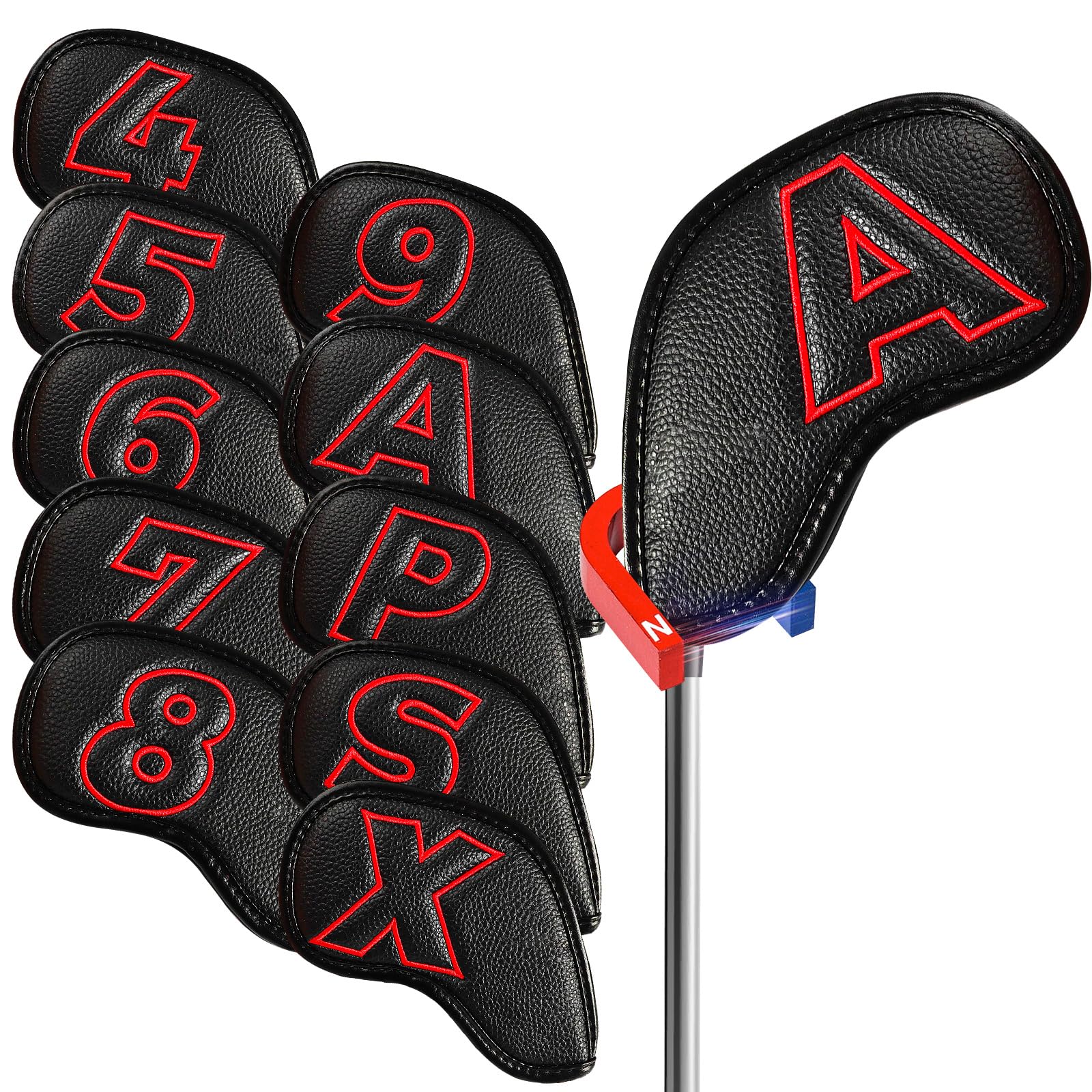 Golf Iron Head Covers Magnetic Closure Leather Double Side Numbers Value 10 Pack, Golf Clubs Headcovers Lightweight Synthetic Protection, Deluxe Fit Main Irons for Men Women (Red) โ image 1