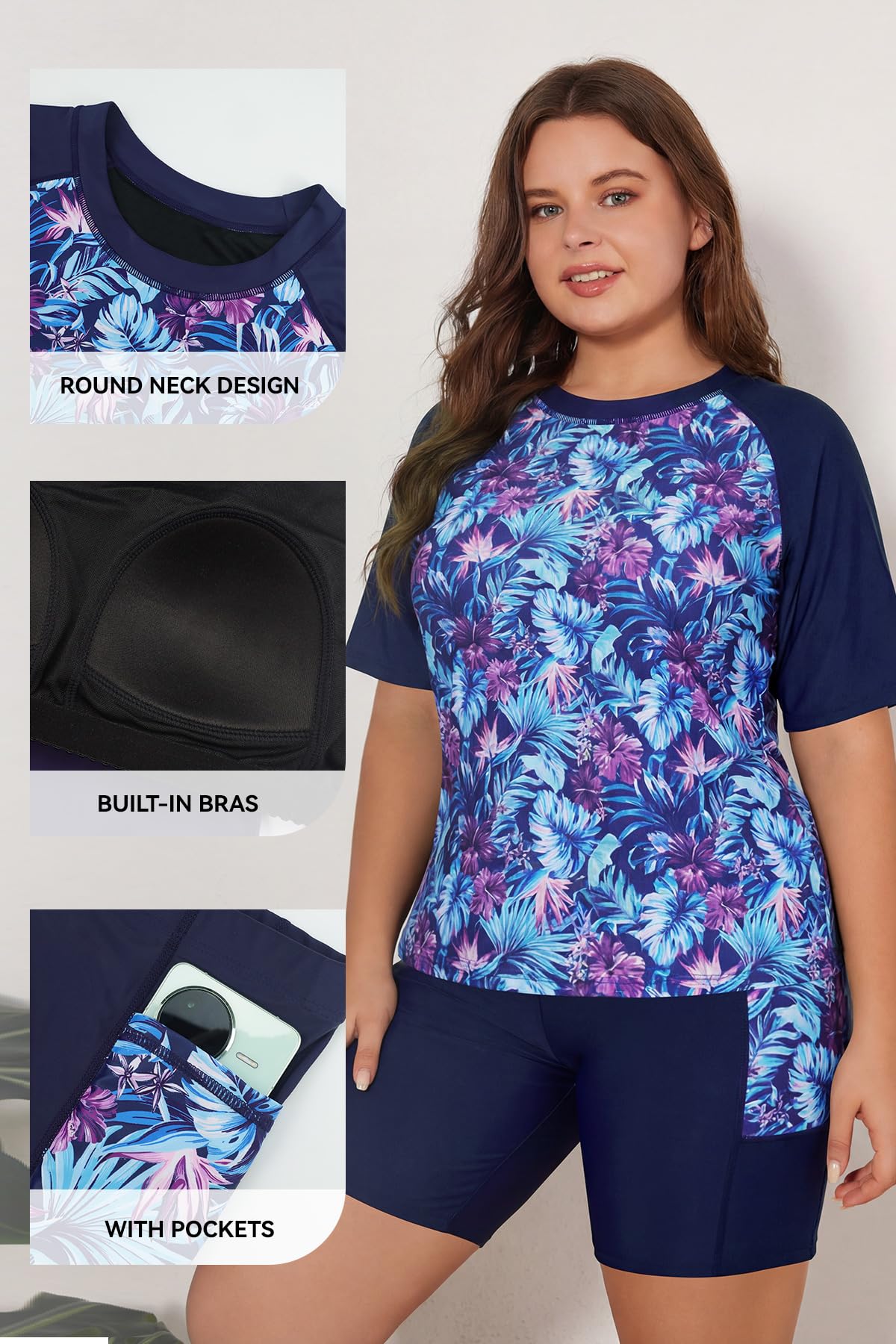 SHEKINI Traje de baño de 2 piezas de talla grande para mujer, brasier integrado, camiseta de natación de manga corta y pantalón corto con bolsillos, trajes de baño