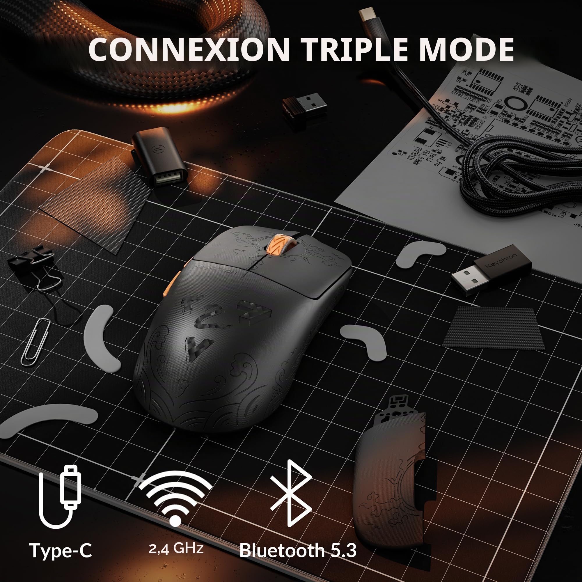 Keychron G3 8K Souris Gaming en Fibre de Carbone, Ultralégère 44g, 8000 Hz, 2,4 GHz/BT 5.3/USB-C, PixArt 3950, 30000 DPI, 160 Heures d‘Autonomie, 5 Boutons Programmables, Idéale pour l'e-Sport et FPS