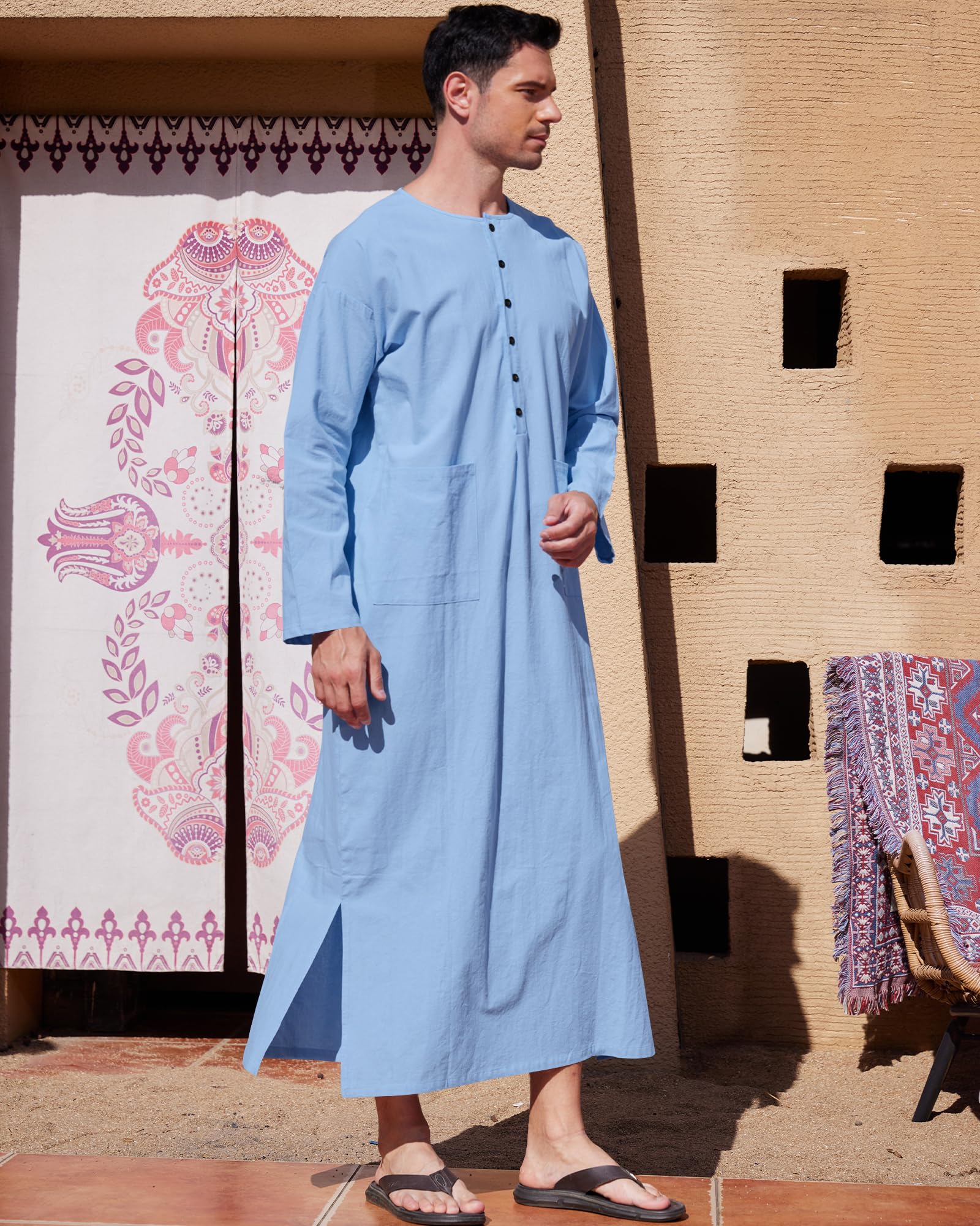 YAOHUOLE Hommes Coton Lin Caftan Robes Musulmanes pour Homme Men Casual Kaftan Thobe
