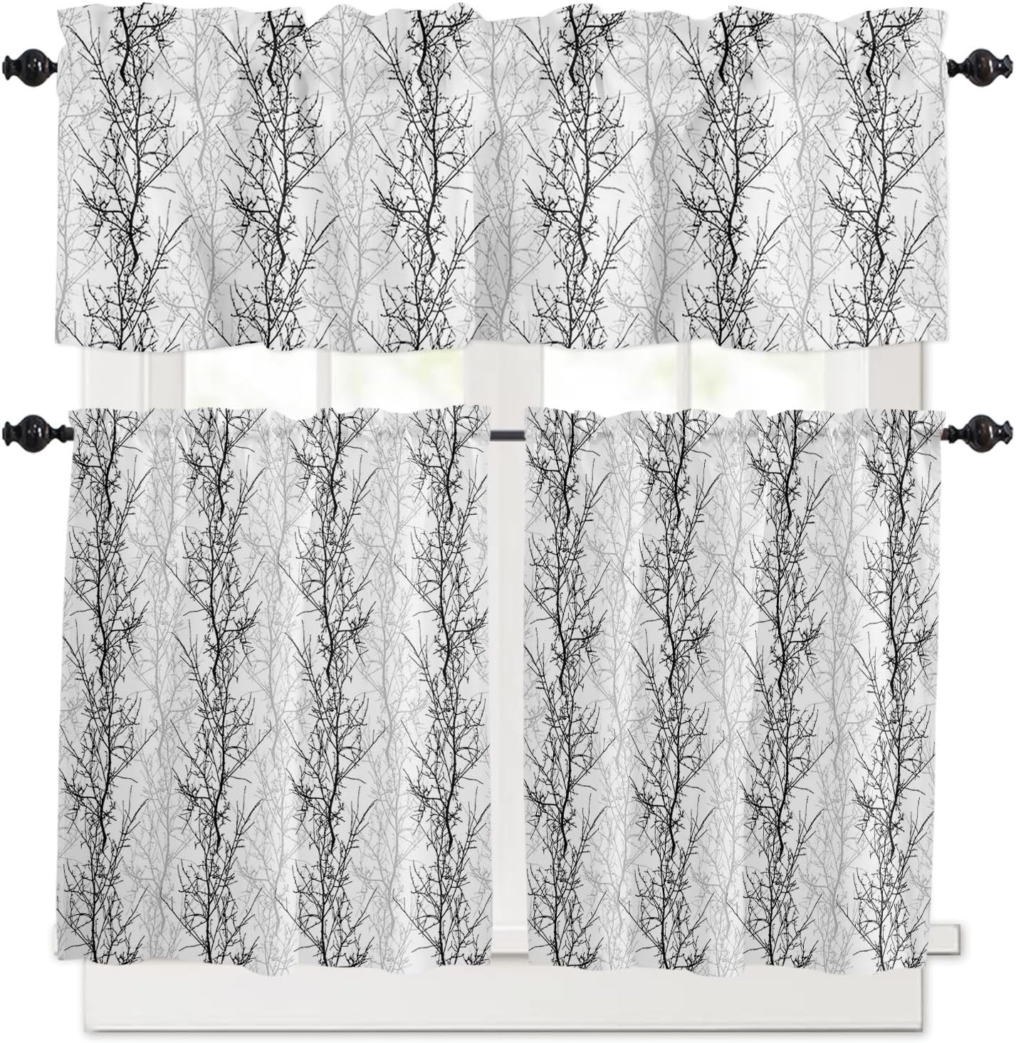 Kitchen Curtains Set, Black Grey Kitchen Curtains and Valances Set, Pastoral Botanical Branch Aesthetics Rod Pocket Tier Curtains 24 Inch Length for Cafe/Bedroom Windows