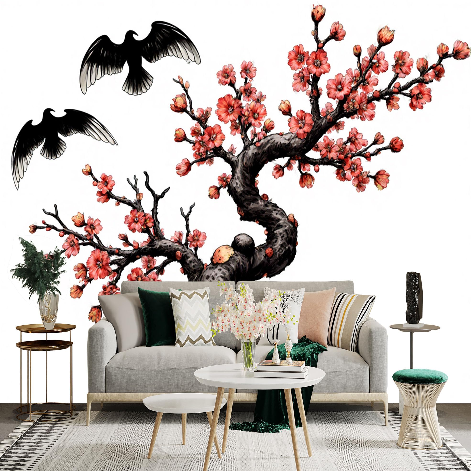 Custom Size Wall Sticker Mural， Cherry Blossom Tree with Birds and Artistic Branches， for wall Decoration， peelandstick wall Decals.