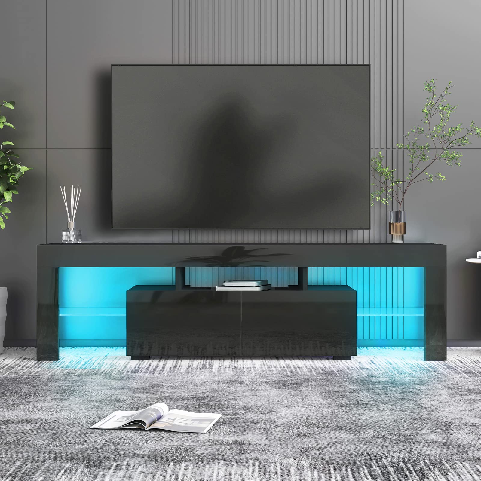 Buy Mjkone Black TV Stand for 65+ inch TV, High Gloss Television Stands