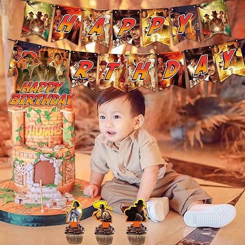 Miniatura 5 de Suministros para fiestas de cumpleaños de Indiana Jones, decoraciones de cumpleaños temáticas de aventuras occidentales, incluyendo pancarta,