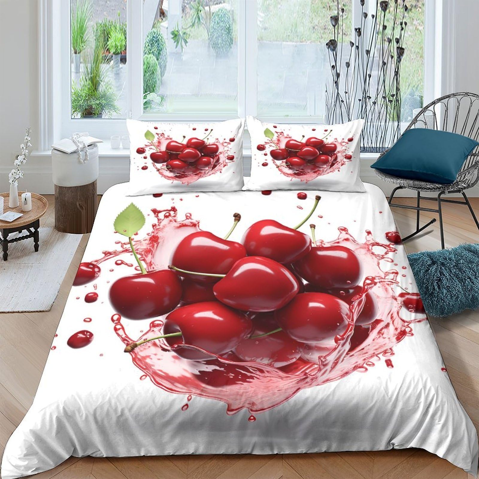 Ctjqhvkz Style-3 3D Printed Cherry Splash Fitted Sheet Microfiber Red Fruit Bed Cover Anti-Slip Easy Care For Bedroom Guest Room Decor Single（135X200cm）