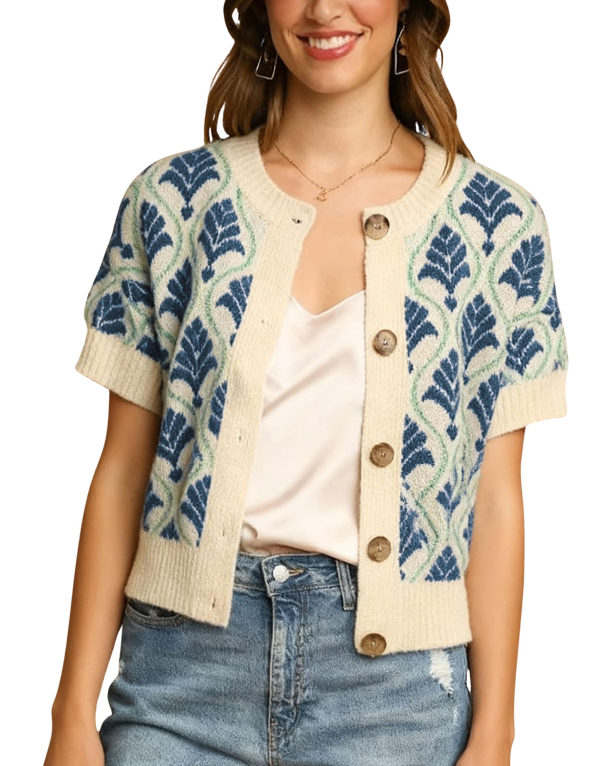 Womens Short Sleeve Floral Cardigan Crewneck Button Down Patterned Cropped Knit Sweater Outerwear
