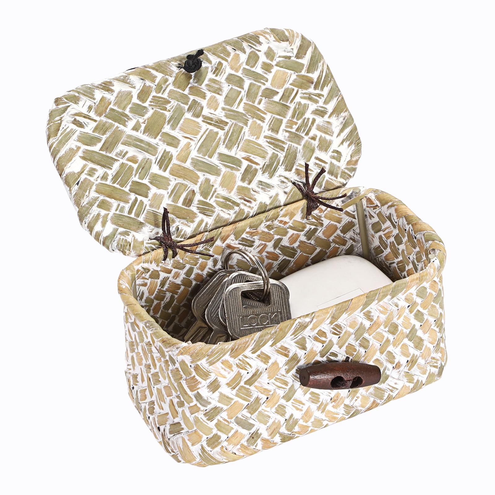 IGNPION Mini Seagrass Desk Storage Basket with Lid, Wicker Entryway Keys Storage Basket, Farmhouse Decorative Shelf Box, Multipurpose Storage for Craft, Paper Clip, Hair Ties ﻿ (Washwhite, 11x6.5x5cm)