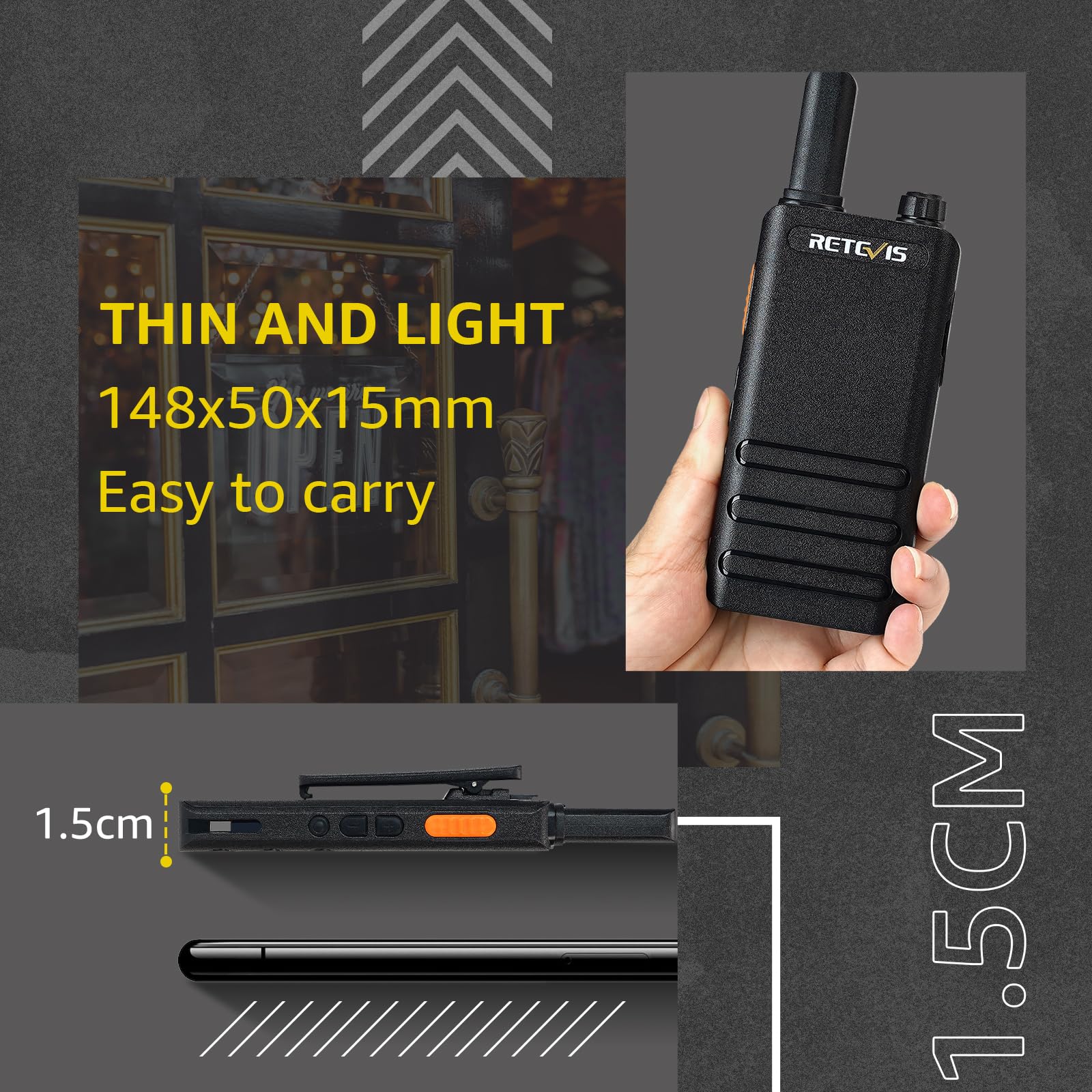 Retevis RT622P Walkie Talkie, 1620 mAh Ricaricabile Ricetrasmittenti USB-C Ultrasottile 15mm, VOX, Professionali Walkie Talkie Portatili con Auricolari per Ristoranti (4 Pezzi, Nero)