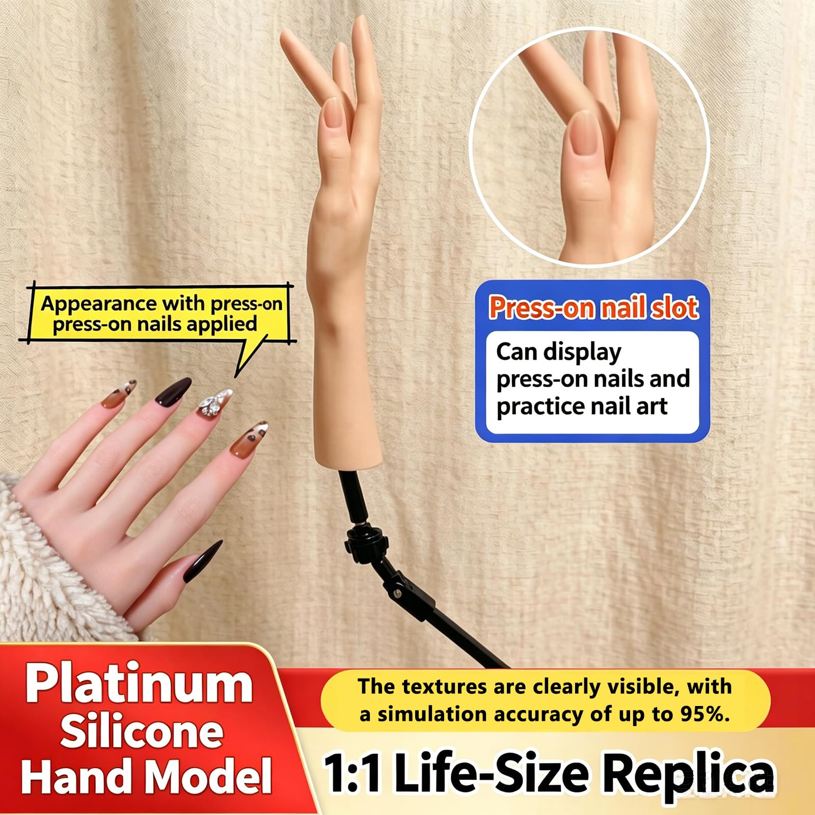 Mano De Silicona Realista para Practicar Uñas, Maniquí De Mano Falsa para Practicar Uñas, Mano Flexible Y Maleable, Soporte De Escritorio Fijo Y Ajustable, Ideal para Exhibir Left 31CM