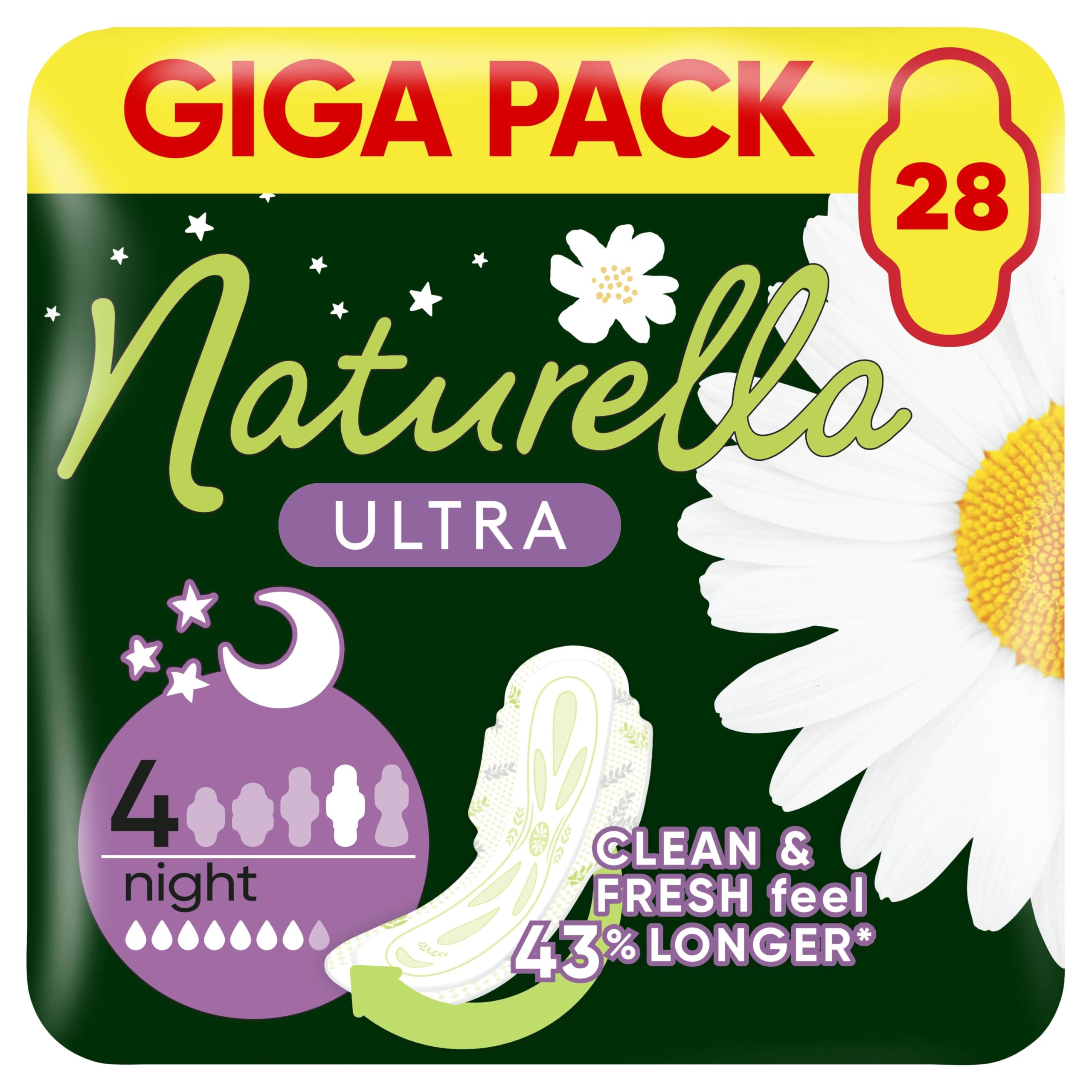 Naturella Ultra Night rozmiar 4, podpaski ze skrzydełkami נ28, uczucie czystości i świeżości, o 43% dłuższe