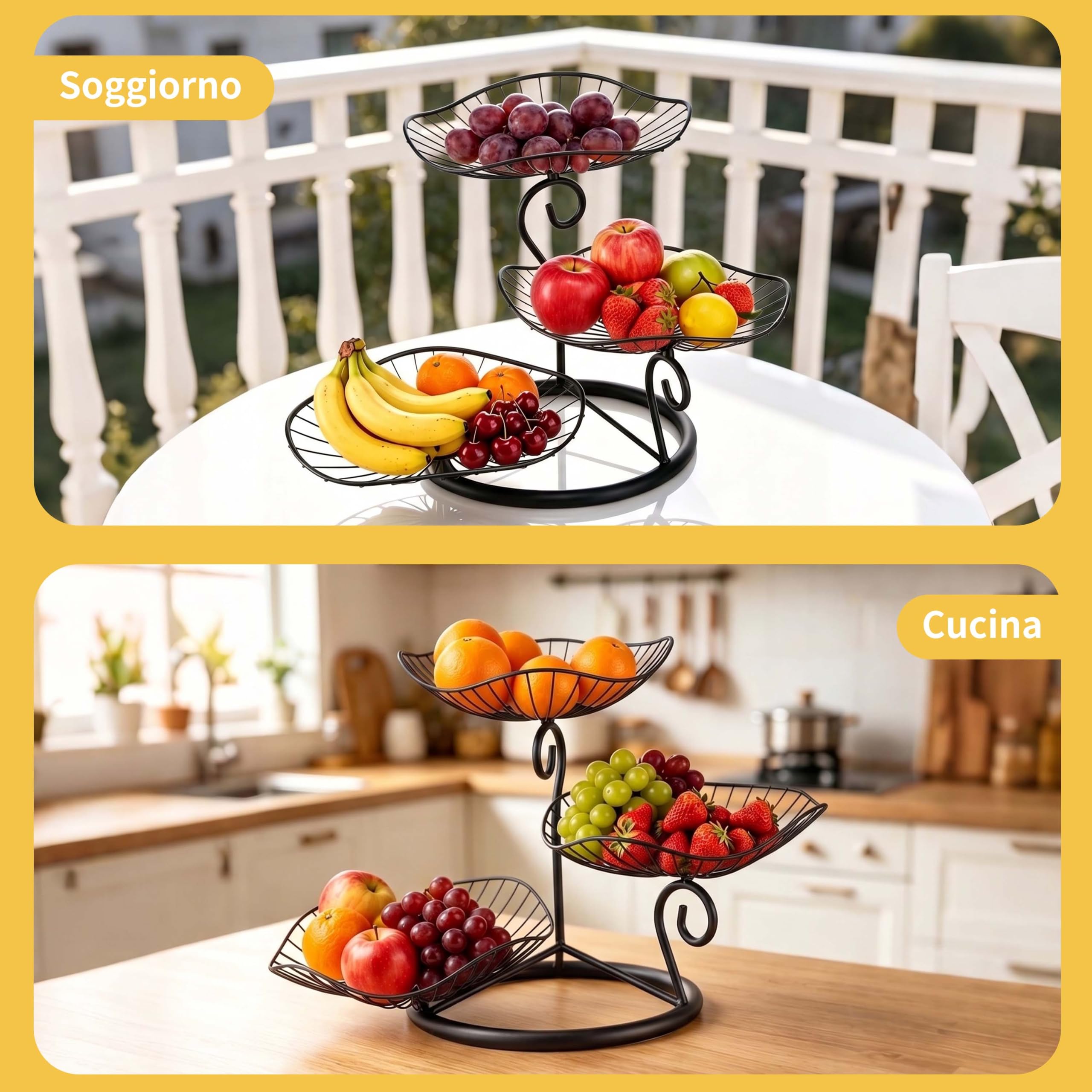 Mihoho Portafrutta con 3 Ripiani，Porta Frutta da Tavolo a Piani, Cesto Portafrutta a Ripiani per Verdura,per Risparmiare Spazio, per Dolci e Verdure (Nero Q)