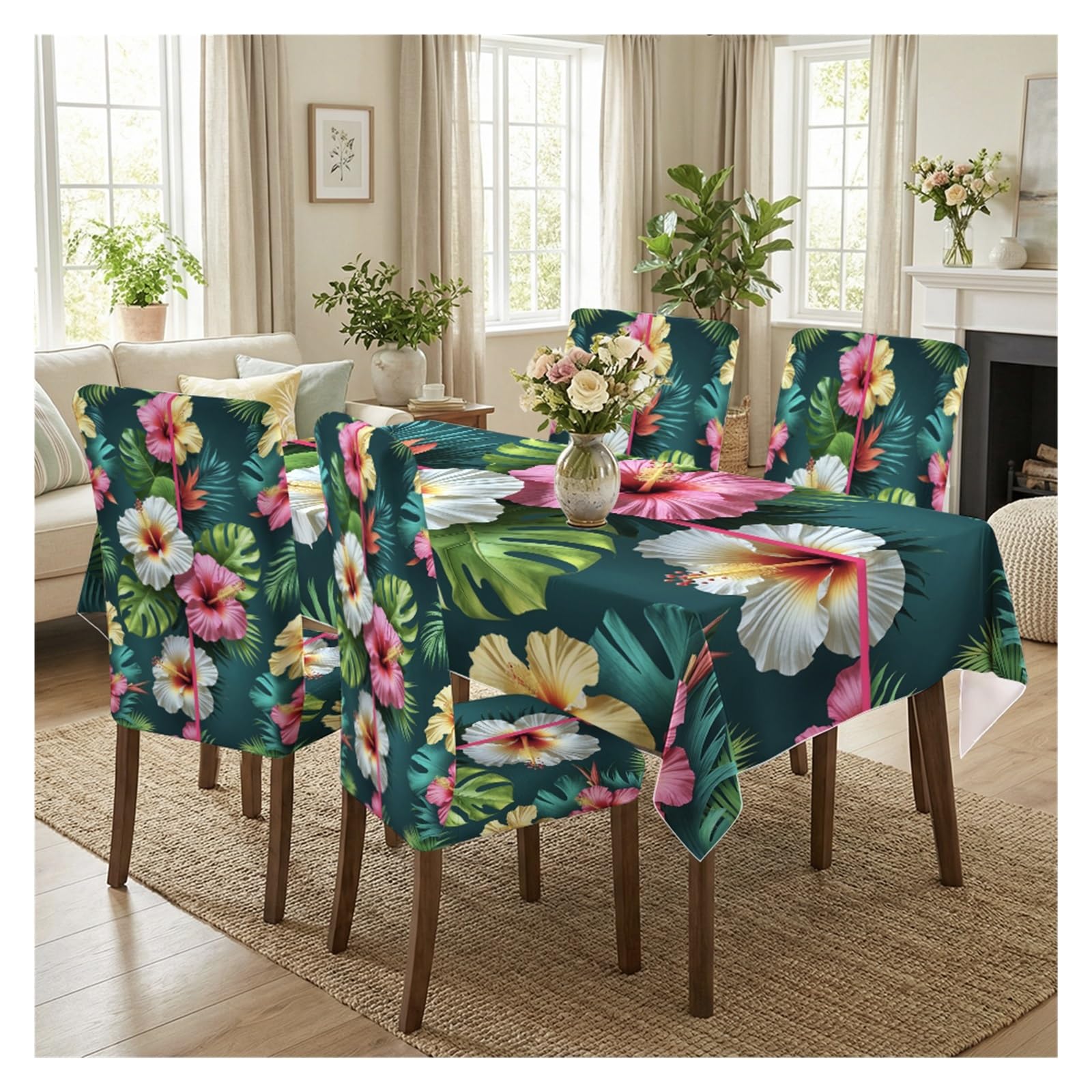 BOSUYBN Teal Base Tropical Hibiscus Monstera Floral Print Dining Tablecloth & Chair Covers Set, 5/7 Piece Exotic Hawaiian Summer Dining Decor Table Setting(5pcs Set: Tablecloth+Chair Covers)