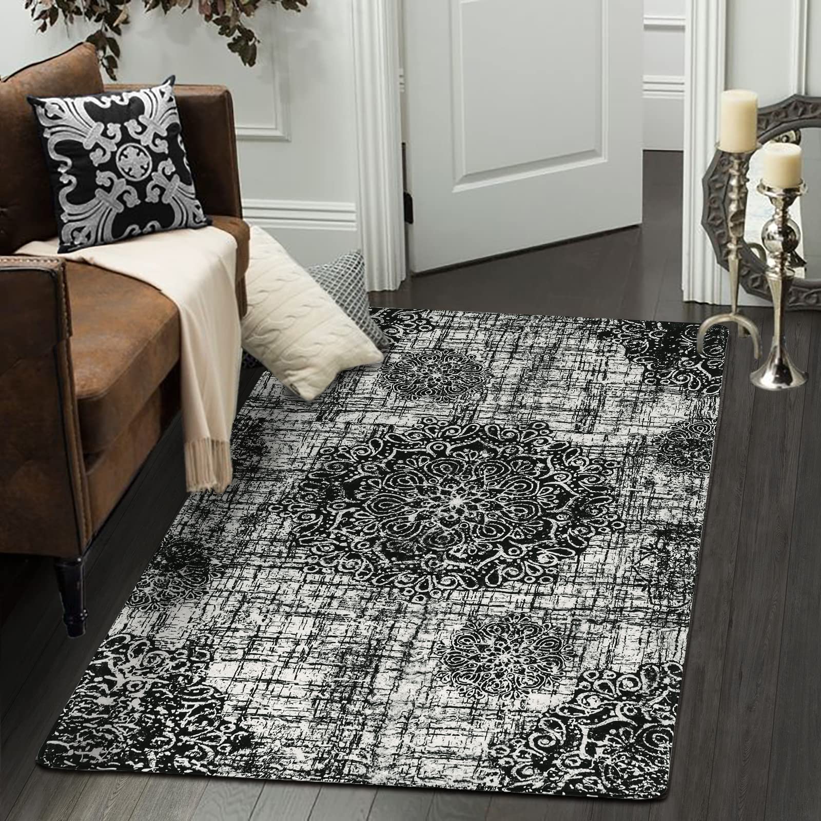LahomeVintage Medallion Washable Area Rug - 3'x5' Black Small Entry Accent Distressed Non-Slip Throw Floor Carpet for Door Mat Entryway Bedroom Living Laundry Room Kitchen