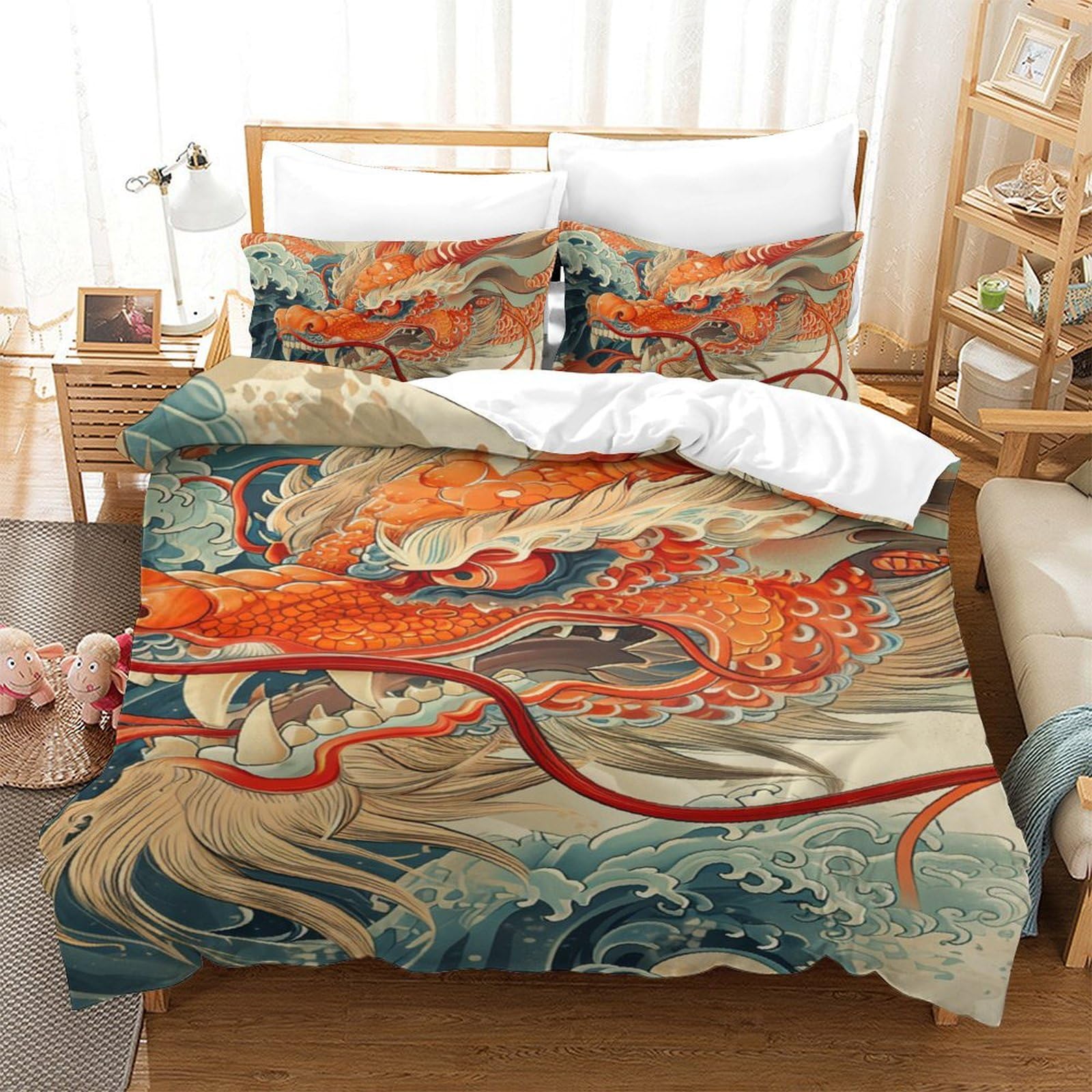 Parure de lit dragon 3D microfibre housse de couette 140x200cm enfants et adolescents