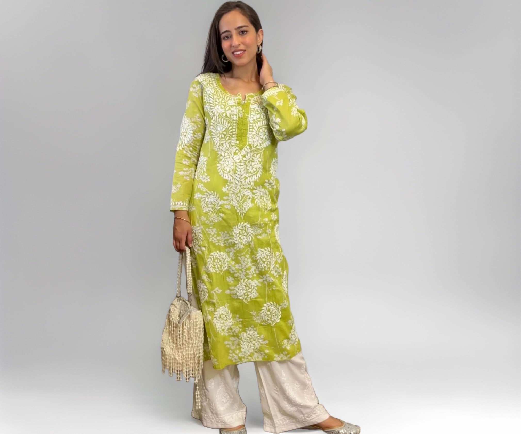 GoSriKi Cotton Blend Embroidered Straight Kurta for Women | Cotton Blend Pink | 3/4 Sleeve | Round Neck V-Slit | Ethnic Wear Casual Wear