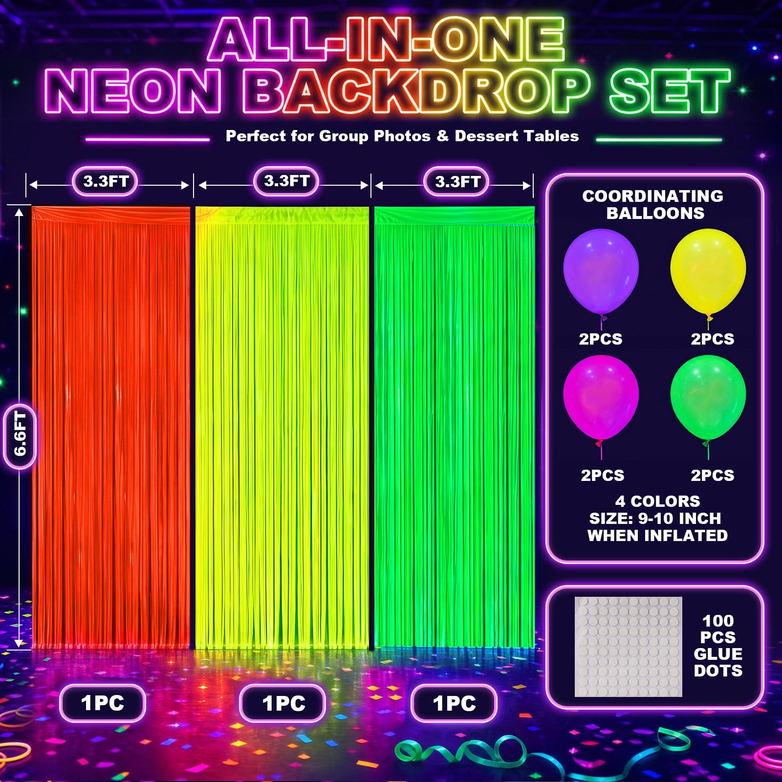 LovesTown 3 Pack Neon-Themed Fringe Curtains with 8 Balloons
