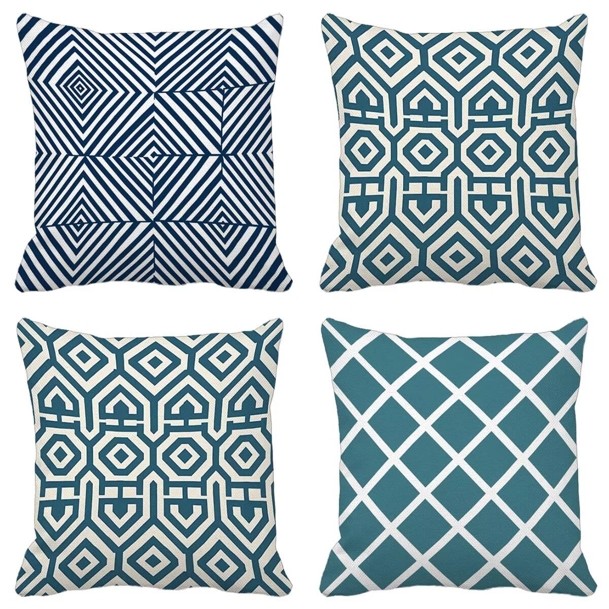 Kissenbezug 60x60 cm Geometrie 4er Set Sofakissen Superweichem Doppelnähten Versteckter Reißverschluss Blau Outdoor Kissen Leinen gelten für Auto Terrassen-Gartenbank Wohndeko Schlafzimmer Sofa H-Q