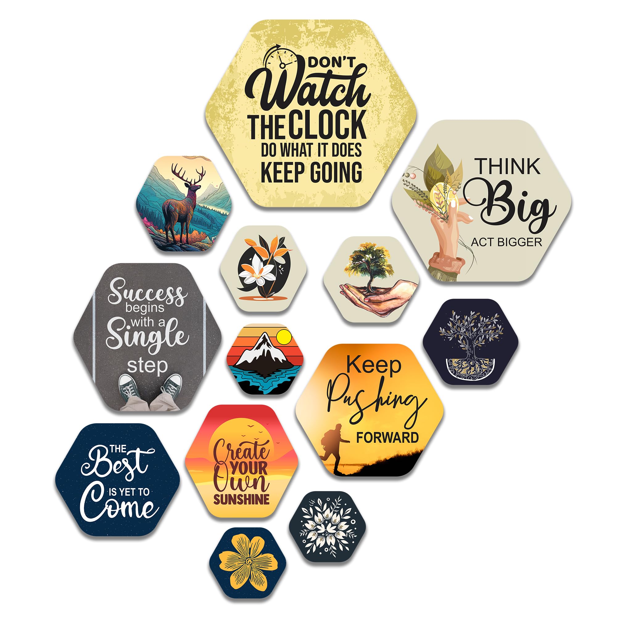 Think Big Hexagon Shape MDF Wooden Wall Decor Items | Quotes Decor Item | Motivational Wall Decor | Wall Accent | Graphic Art | Gift Items | Office Wall Decoration Items (WPS_222N), Set of 13
