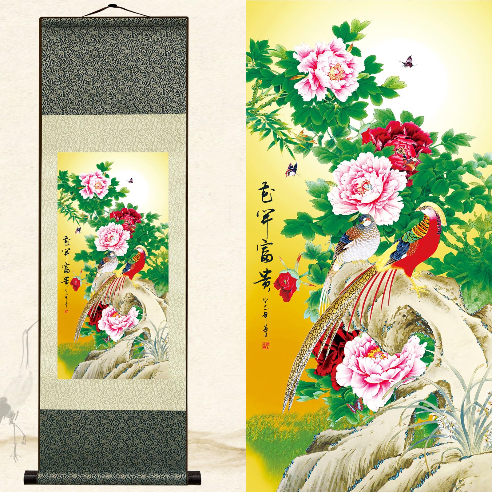 Newscz Hj-F001 Bedroom Pictures For Wall Art Decor Wall Painting Silk Scroll Paintings Flower And Bird Posters Peacock Wall Tapestry Bedroom Canvas House Decoration For Living Room Home Decor 36 By 12 In