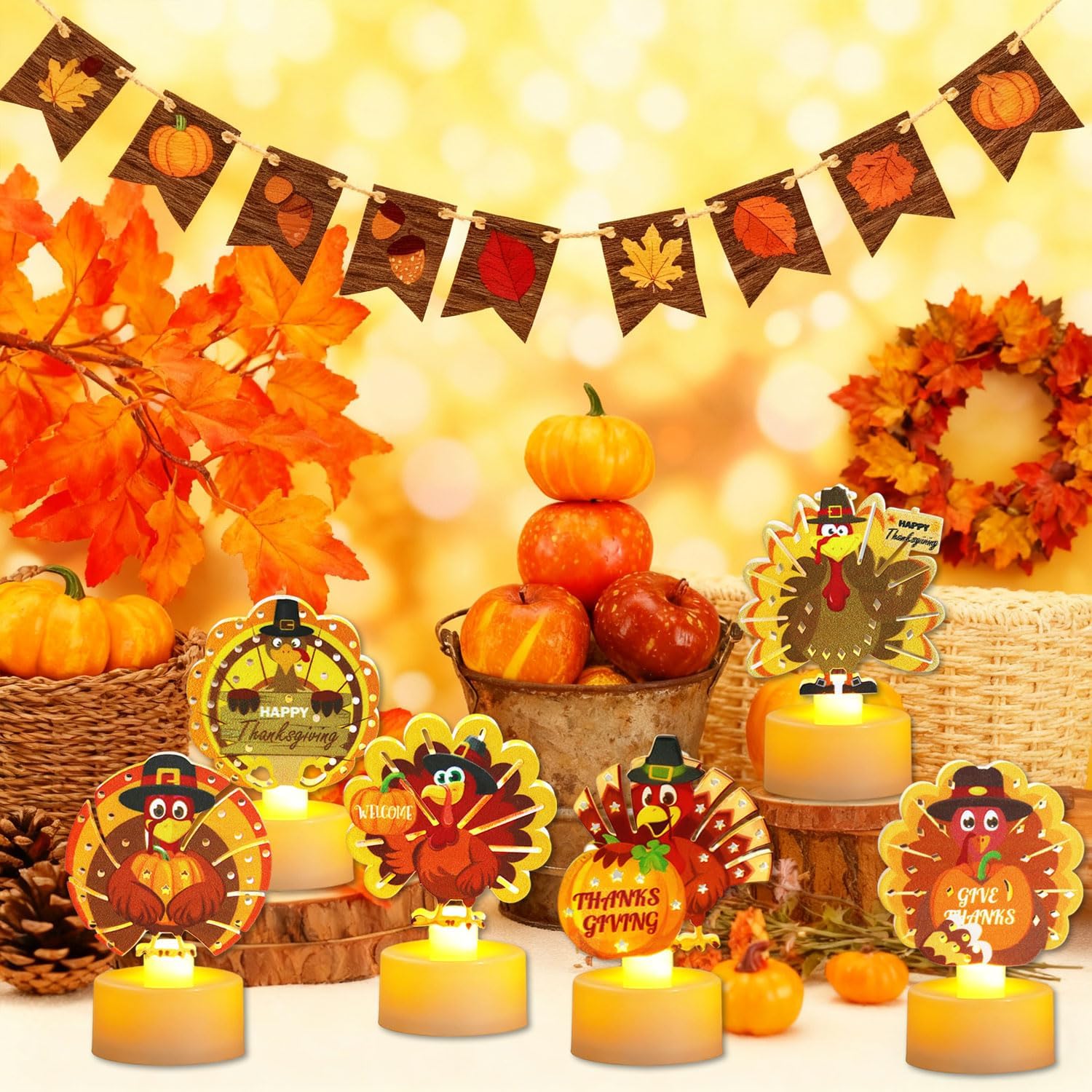 Thanksgiving Table Decorations,12 PCS Turkey Tea Lights Flameless Candles Battery Operated Indoor LED Candles for Fall Tables Decor Gifts