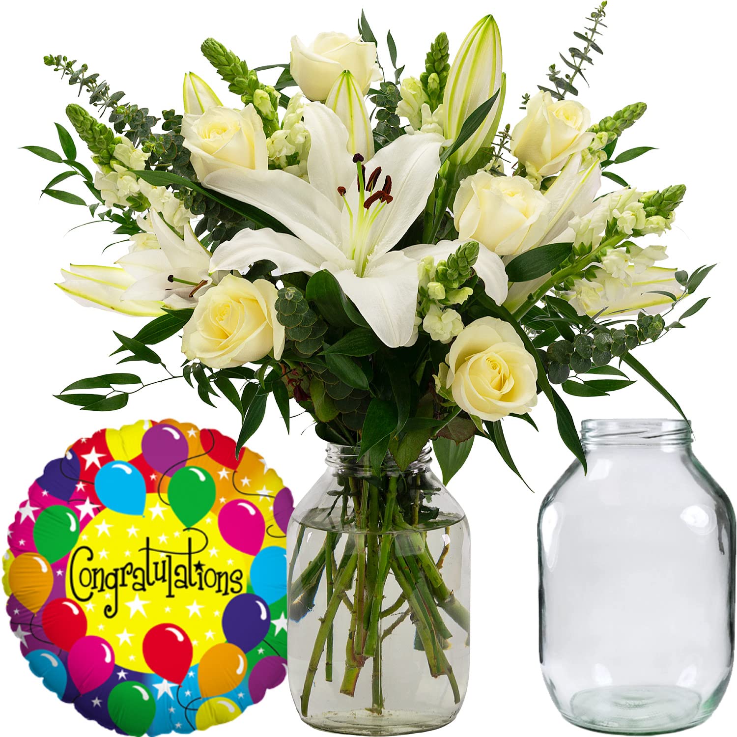 InterBloom | The Grace - Next Day Large White Lily and Rose Beautiful Fresh Flower Bouquet with a Congratulations Balloon and Pickle Jar Vase