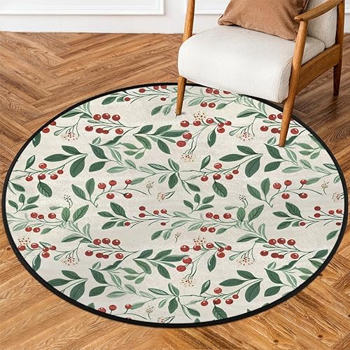 Christmas Winter Holly Leaves Berries (2) Round Area Rug 3ft Machine Washable Circular Rugs for Dining Room Table Bedroom Playroom Throw Rugs for