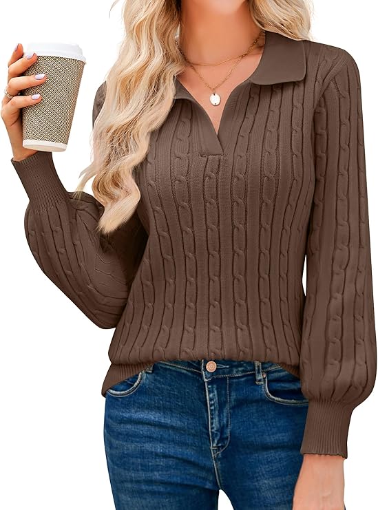 Fall Fashion Favorites JUSTFASHIONNOW Womens Sweaters Polo V Neck Cable Knit Sweater Dressy Casual Pullover Jumper Tops Fall Winter Trendy