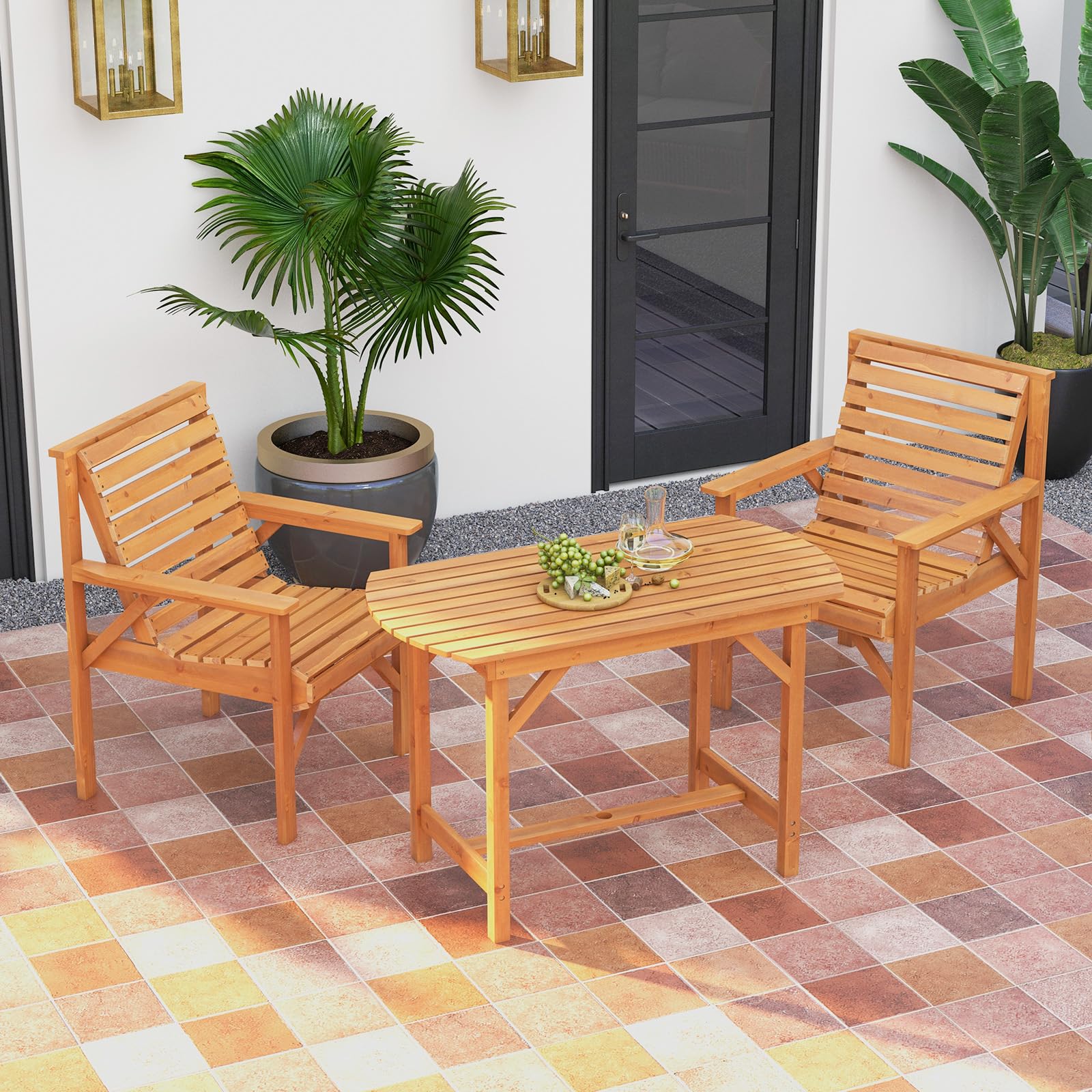 GOPLUS Table de Jardin en Bois de Sapin Massif 100X60X75 CM, Table de Salle à Manger Extérieure avec Trou de Parasol de 4 cm pour 4-6 Personnes, pour Pelouse, Patio, Jardin, Charge 180 KG