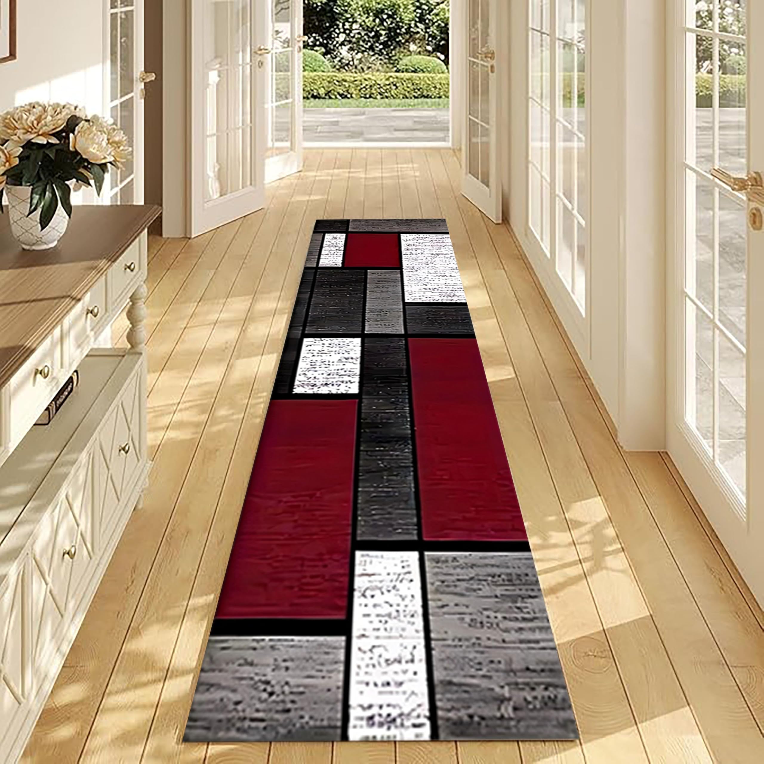Hallway Runner Rug,100x300cm, Gray Red Geometric Lattice Washable Non-Slip Carpet, Modern Minimalism Indoor Long Floor Runners Printed Area Rugs, Hall Floor Carpet for Kitchen Entryway Home Office