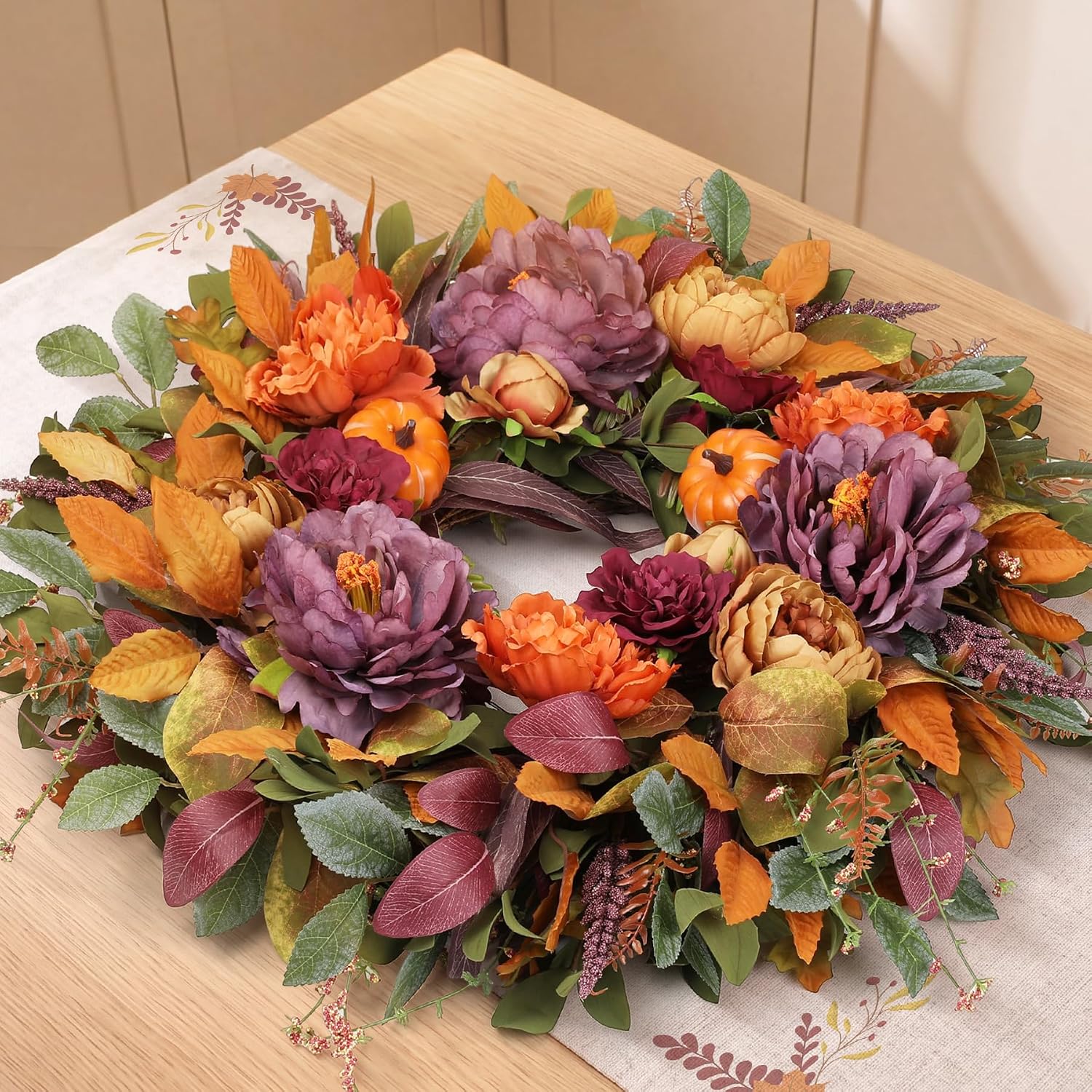 26 Inch Fall Wreath for Front Door, Large Autumn Harvest Wreath with Purple Peony, Pumpkin & Berries, Full and Lush Thanksgiving Wreath for Front Porch, Indoor Outdoor Farmhouse Seasonal Decor