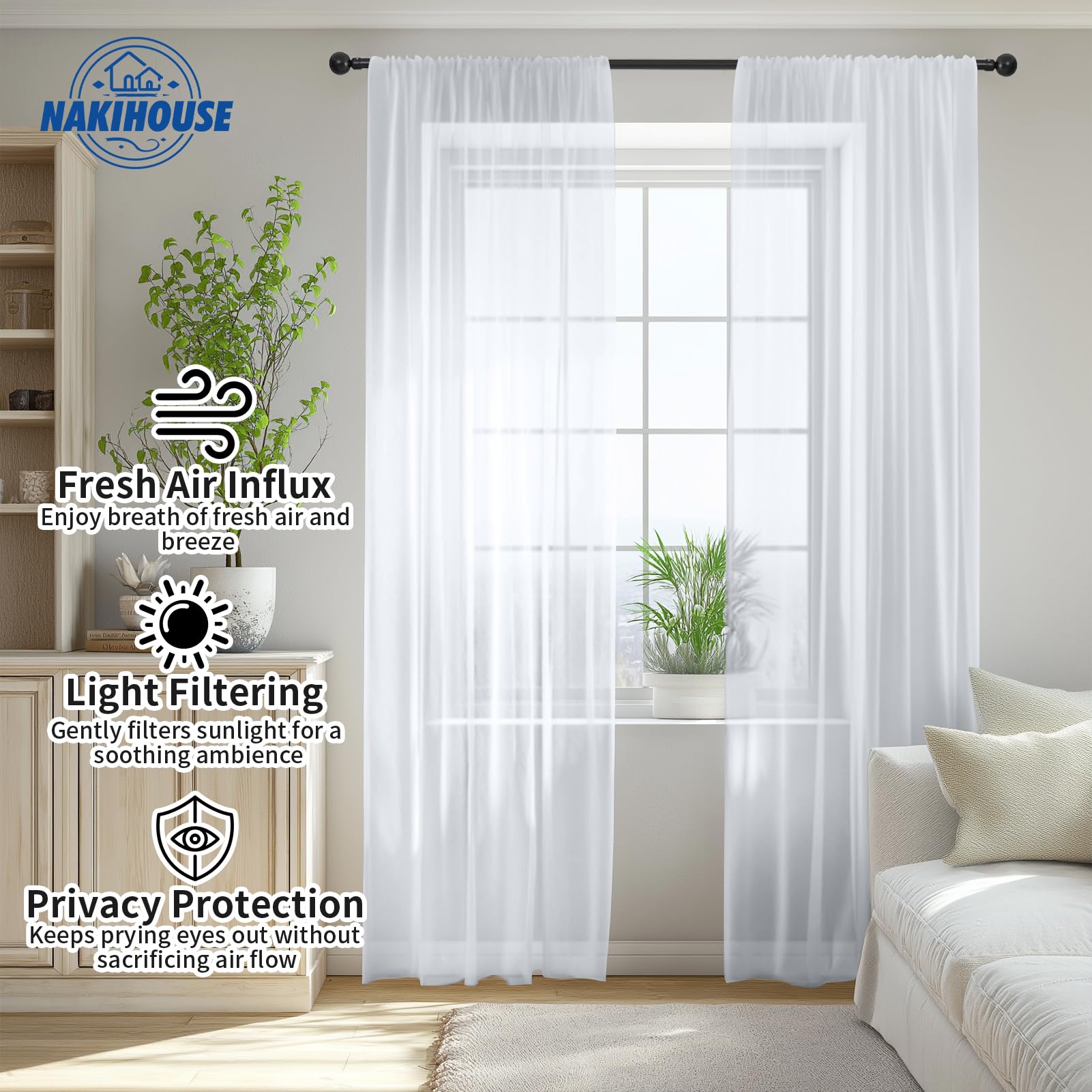 NAKIHOUSE Voile Curtain, 2 Panels Net Curtains for Windows 96 Drop, Elegant Slot Top Sheer Curtains - Image 3