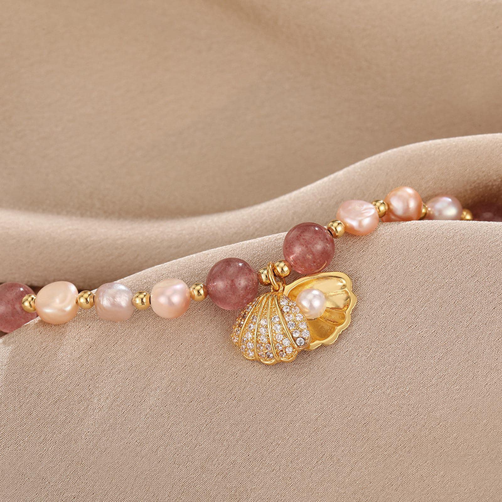 Pulseras Mujer dama pulsera niñas regalo rosa perla de agua dulce fresa cuarzo diseño de concha de encanto femenino para regalos