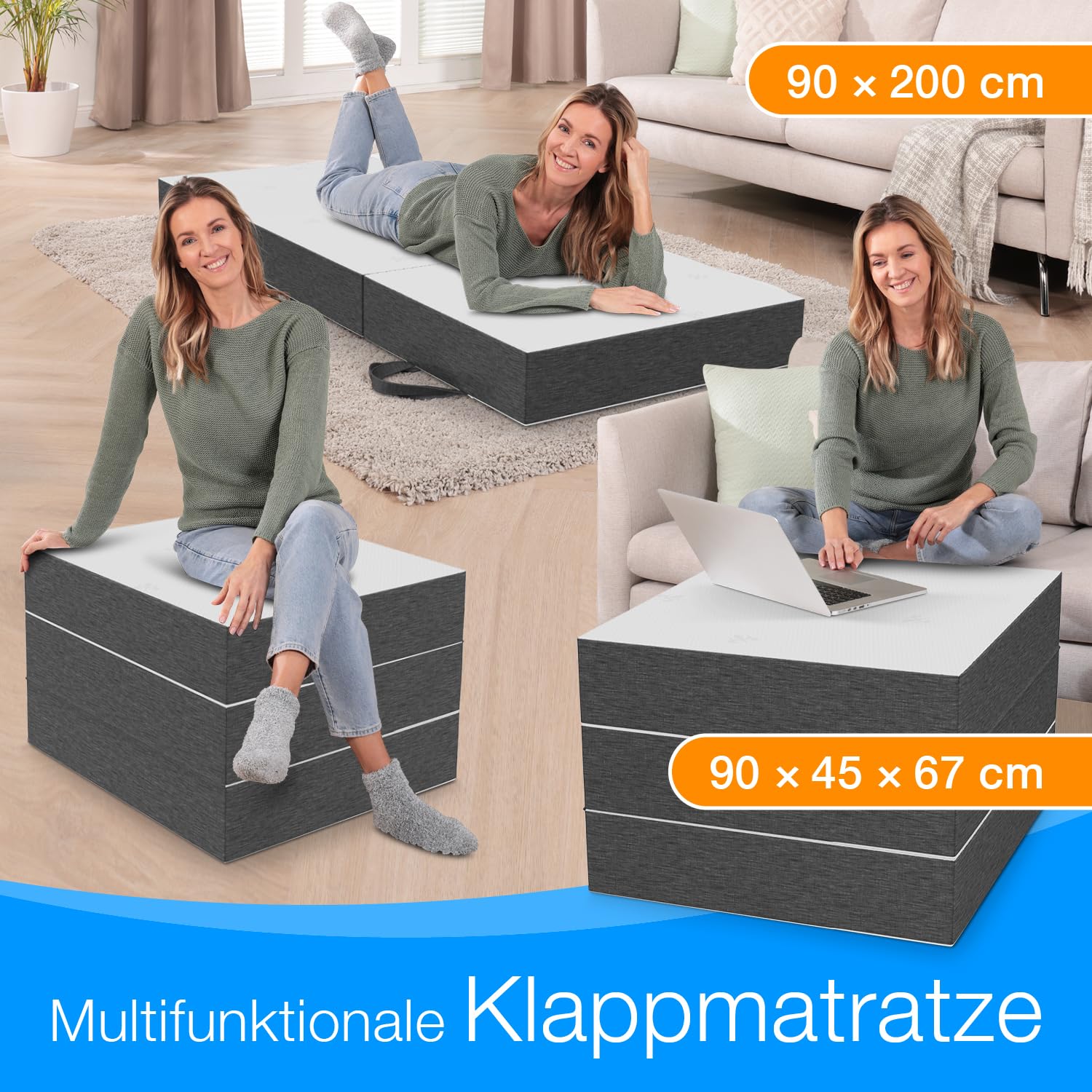 ELONEO Premium Visco Klappmatratze 90x200 cm, extra hoch 15 cm, Gästematratze klappbar, Faltmatratze, Faltbare Matratze, Bandscheibenwürfel, Reisematratze, Gästebett klappbar, Klappbett waschbar