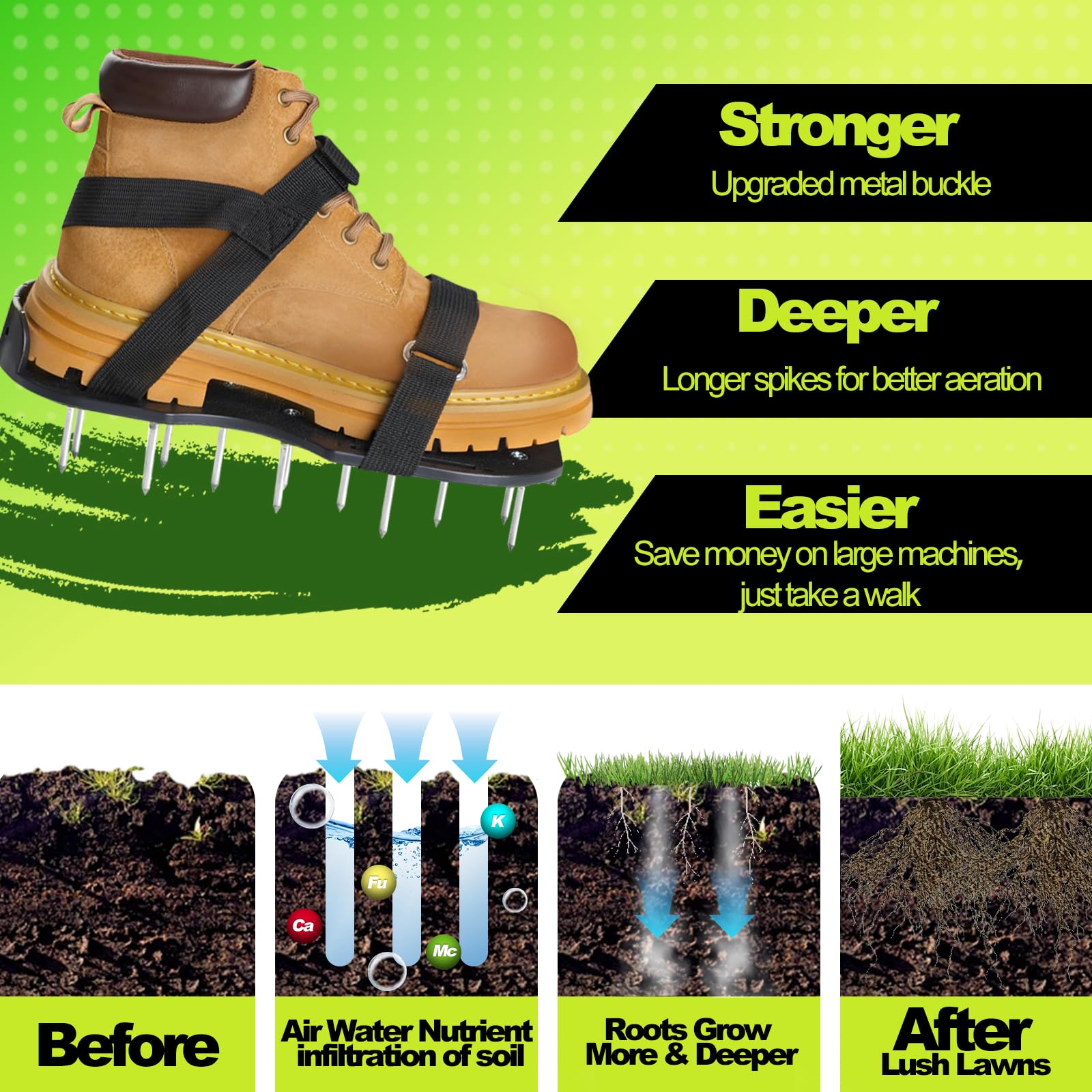 Chaussures aérateurs de pelouse, chaussures d'aération robustes pour pelouse avec sangles réglables, installation facile, taille unique pour pelouse, cour, sol, terrasse (vert)