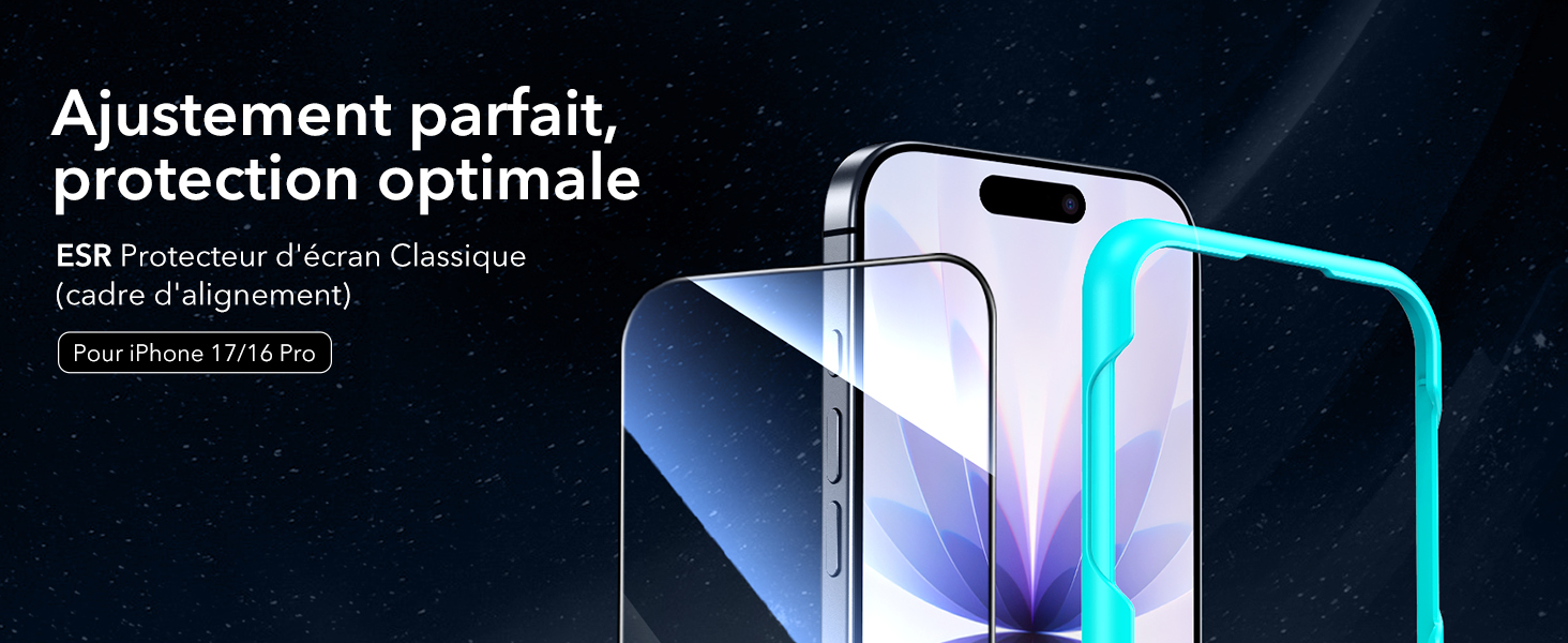 Verre Trempé ESR Pour IPhone 16 Pro - Lot De 3, 9H+, Résistance Militaire, Installation Facile Avec Cadre