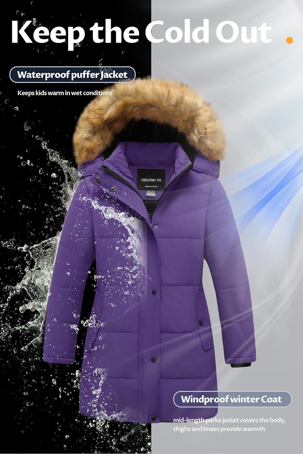 CREATMO US Girl's Winter Fleece Lined Long Parka Puffer Coat Thicken Ski Jacket With Fur Trim Hood - Image 5