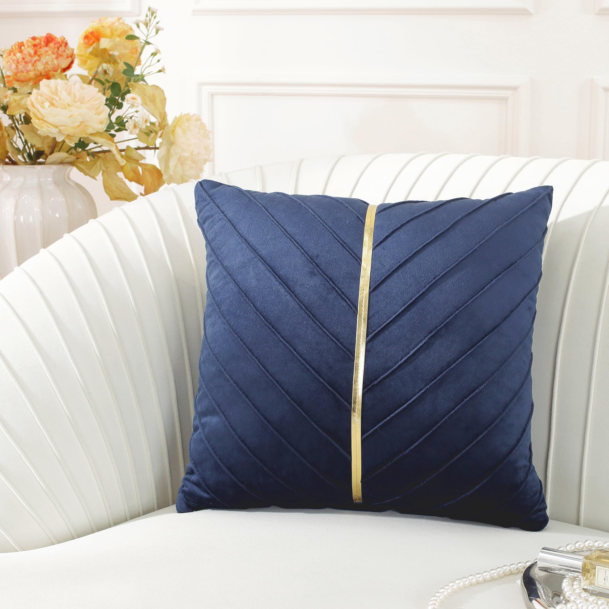 TAOSON Pack of 2 Navy Blue Velvet Throw Pillow Covers with Gold Leather Accents, 18x18 Inch Soft Decorative Couch Pillowcases for Living Room, Bedroom, Valentine's Day & Wedding Gifts