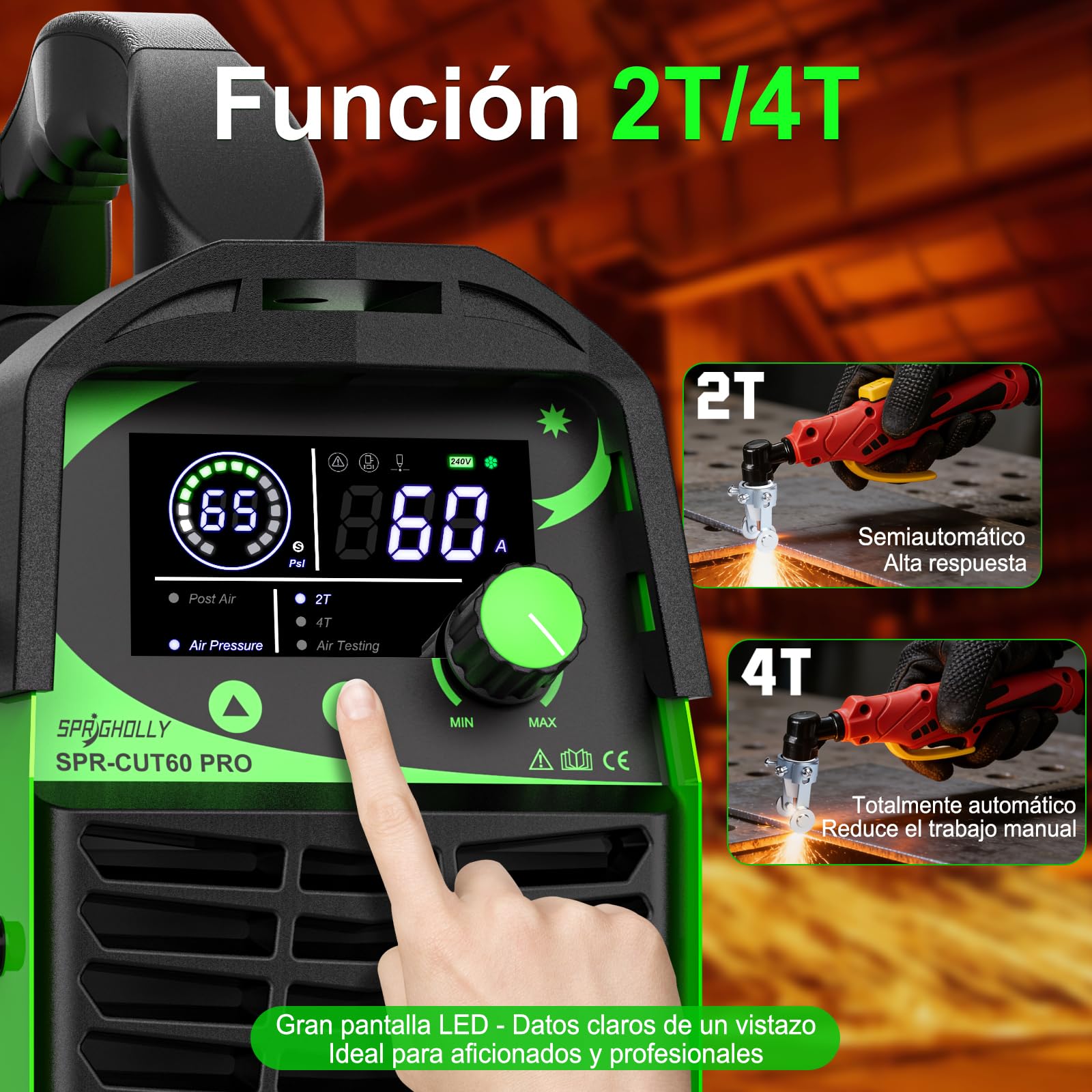 CUT60 PRO 60A IGBT Taglierina al Plasma 240V - Taglio max acciaio 16mm, taglio pulito 10mm - Display LED digitale, modalità 2T/4T, protezione sovraccarico, avvio facile