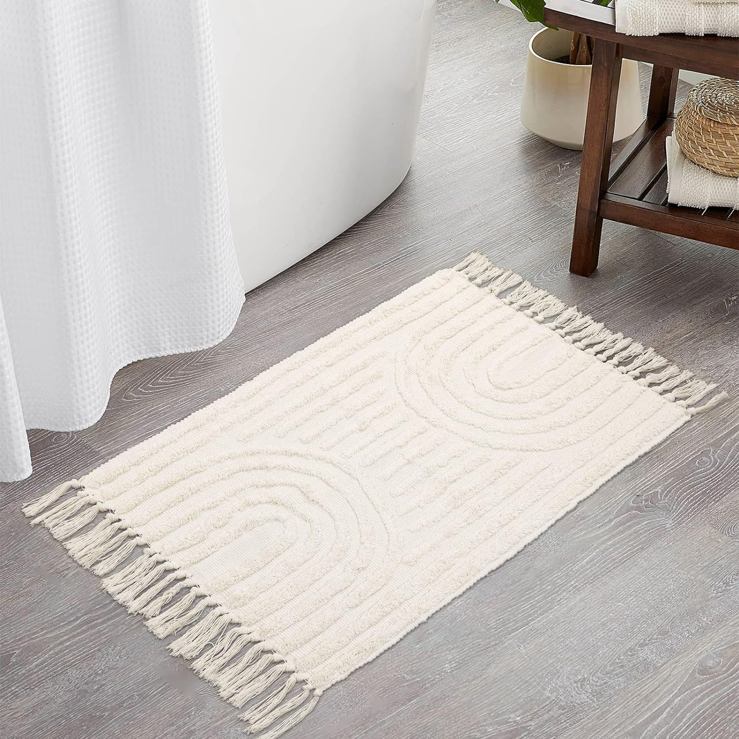 Boho tapijt, katoenen geweven tapijten, met kwasten, wasbaar zwart-wit