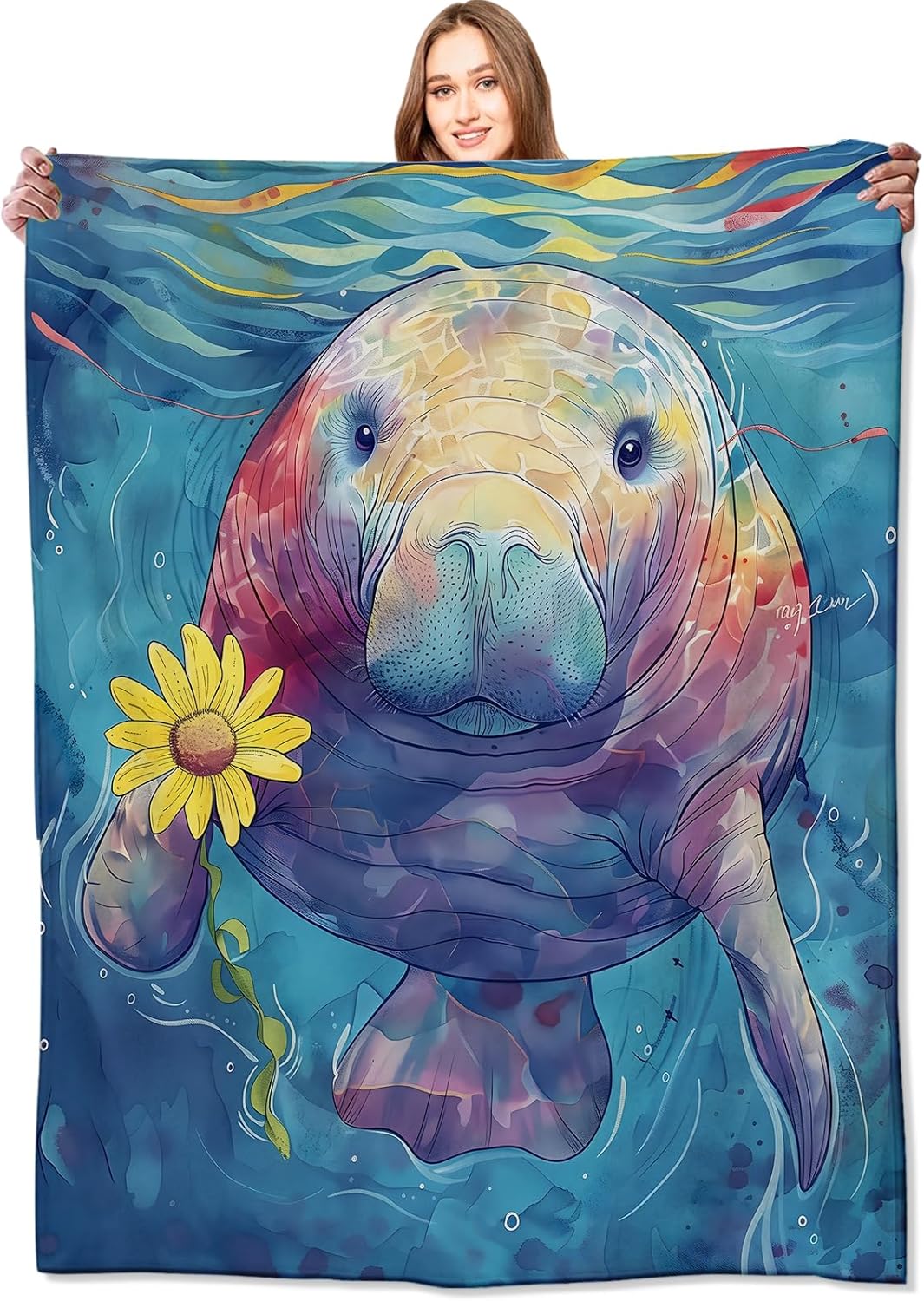 Manatee Blanket Playful Ocean Animal Throw Blankets with Sunflower,Birthday Gifts for Kids Adult,Lightweight Soft Fleece,for Sofa Couch Bed Room Art Artistic Whimsical Decor 50x60in