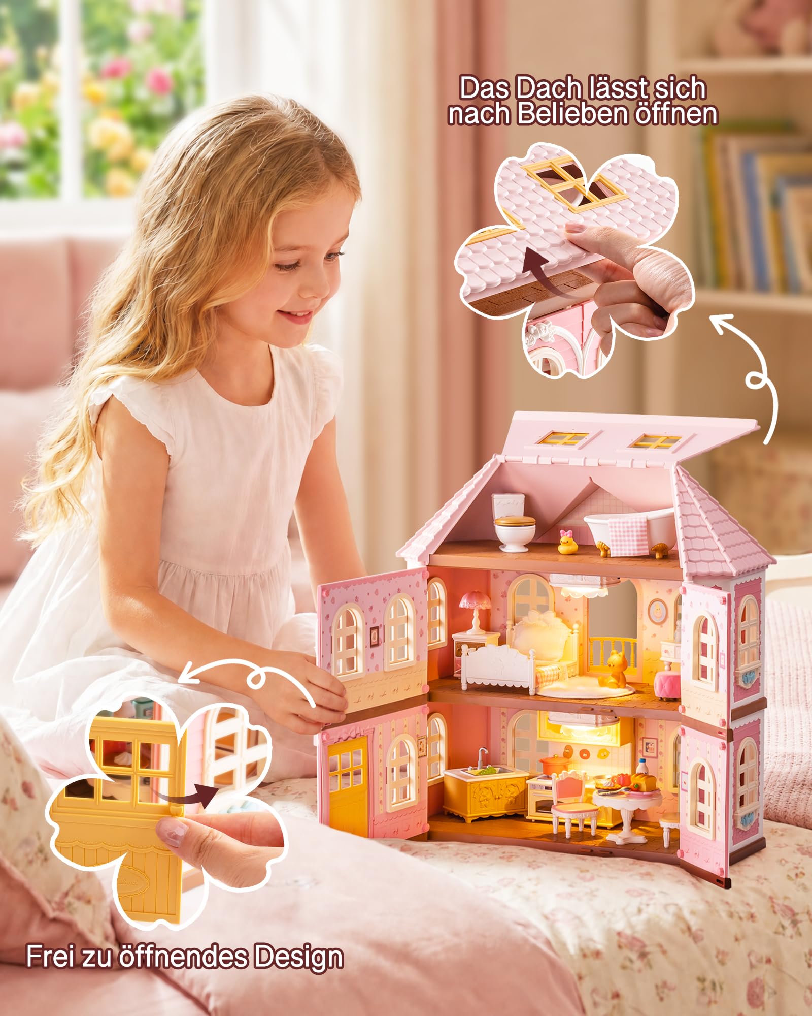 Rolife Haley Island Fairy Rose Cottage Puppenhaus mit Möbeln, Romantisches Fantasiespiel Haus mit Lichtern für Mädchen & Sammlerinnen, Geburtstag Geschenk ab 3 Jahren